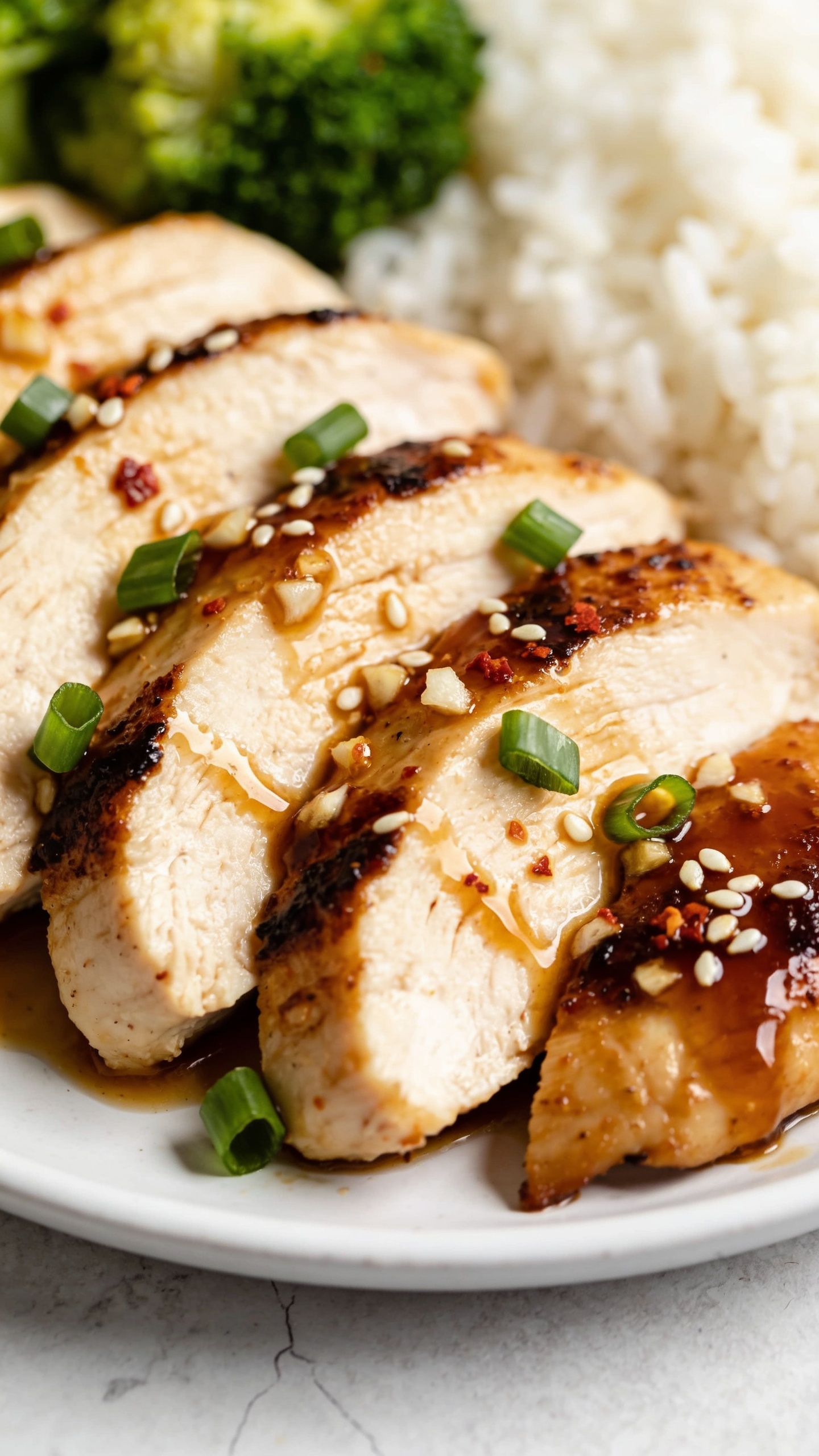 Extreme macro angle from slightly above the plate focusing on the sliced chicken breastâs caramelized edges and lacquered honey-garlic-soy glaze, with a gentle extra drizzle of sauce freshly pooled along the slice edges, visible minced garlic bits and a pinch of red chili flake, sesame seeds glinting, scallions adding fresh green pop, soft blur of white rice and broccoli in the background for color contrast, bright natural lighting, shallow depth of field, 90â95% food in frame, clean modern styling on a white plate over a light stone surface.