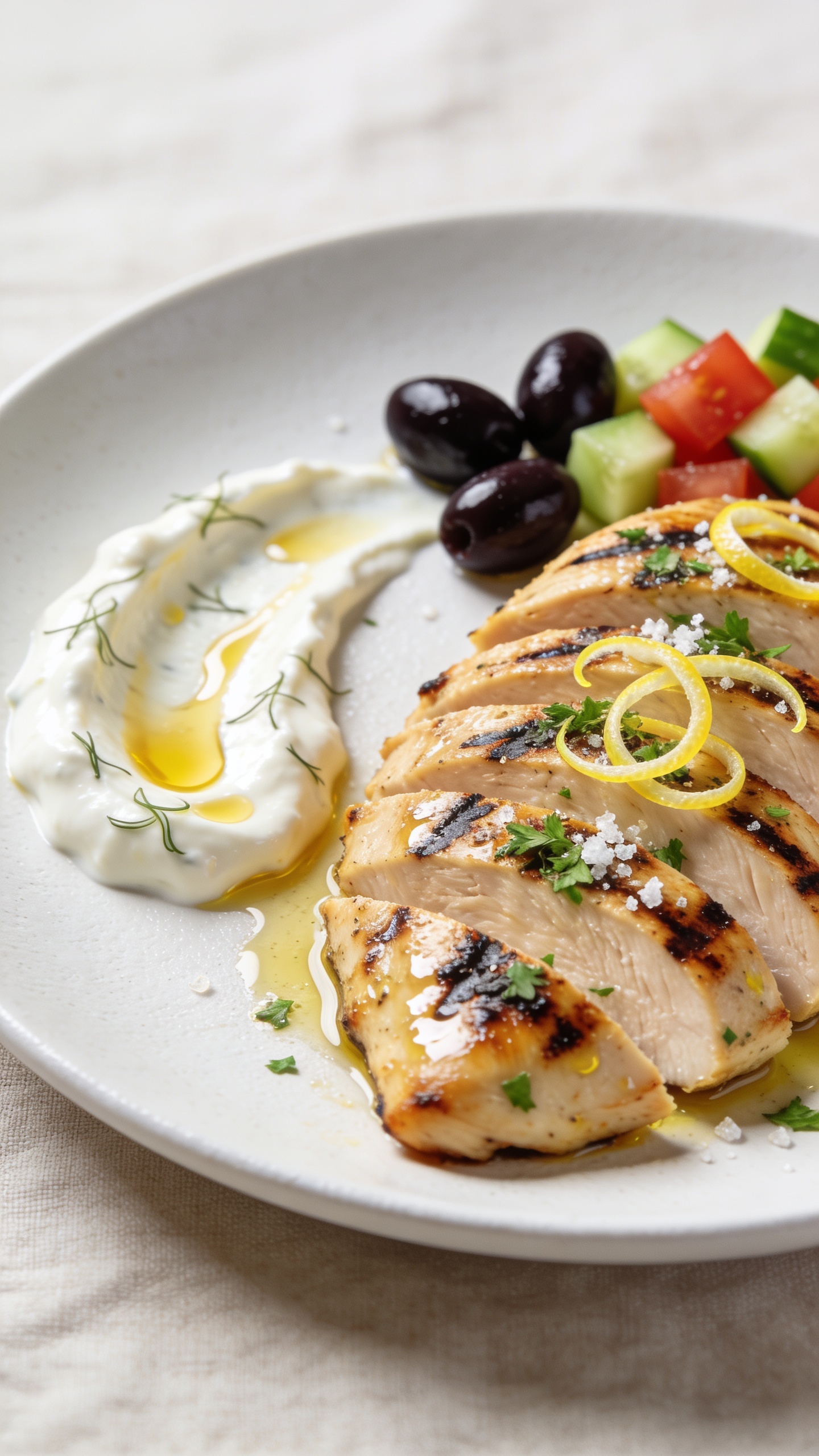Ultra close-up hero shot of finished High Protein Greek Chicken Breast: thick, juicy grilled chicken breasts sliced and fanned on a matte white plate, glistening with a light lemon-olive oil sheen and speckled with charred grill marks, topped with finely chopped fresh oregano and parsley, thin lemon zest curls, and a sprinkle of flaky sea salt. Beside the chicken, a small swoosh of tangy Greek yogurt sauce with micro-drizzles of golden olive oil, a few kalamata olive halves, and diced cucumber-tomato garnish for color. Bright natural side light, shallow depth of field, creamy bokeh, food filling 90â95% of frame, clean neutral linen background, premium food-blog styling, vibrant Mediterranean colors, no text.