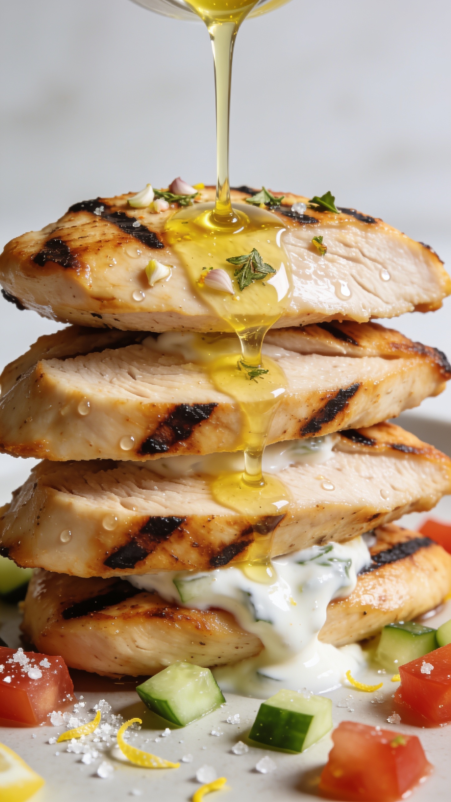 Extreme close-up from a low angle focusing on texture: the same sliced Greek chicken breast stacked with overlapping pieces, juices beading on the surface, golden edges slightly crisp, grill marks dark and defined. A slow drizzle of glossy lemon-olive oil caught mid-pour over the top slice, with tiny minced garlic and oregano leaves visible in the stream. Dabs of creamy yogurt sauce peeking from underneath, scattered cucumber-tomato bits for contrast, finishing sparkle of flaky salt and lemon zest. Bright natural light, shallow depth of field, 90â95% food in frame, cohesive with the other images, premium, mouthwatering.