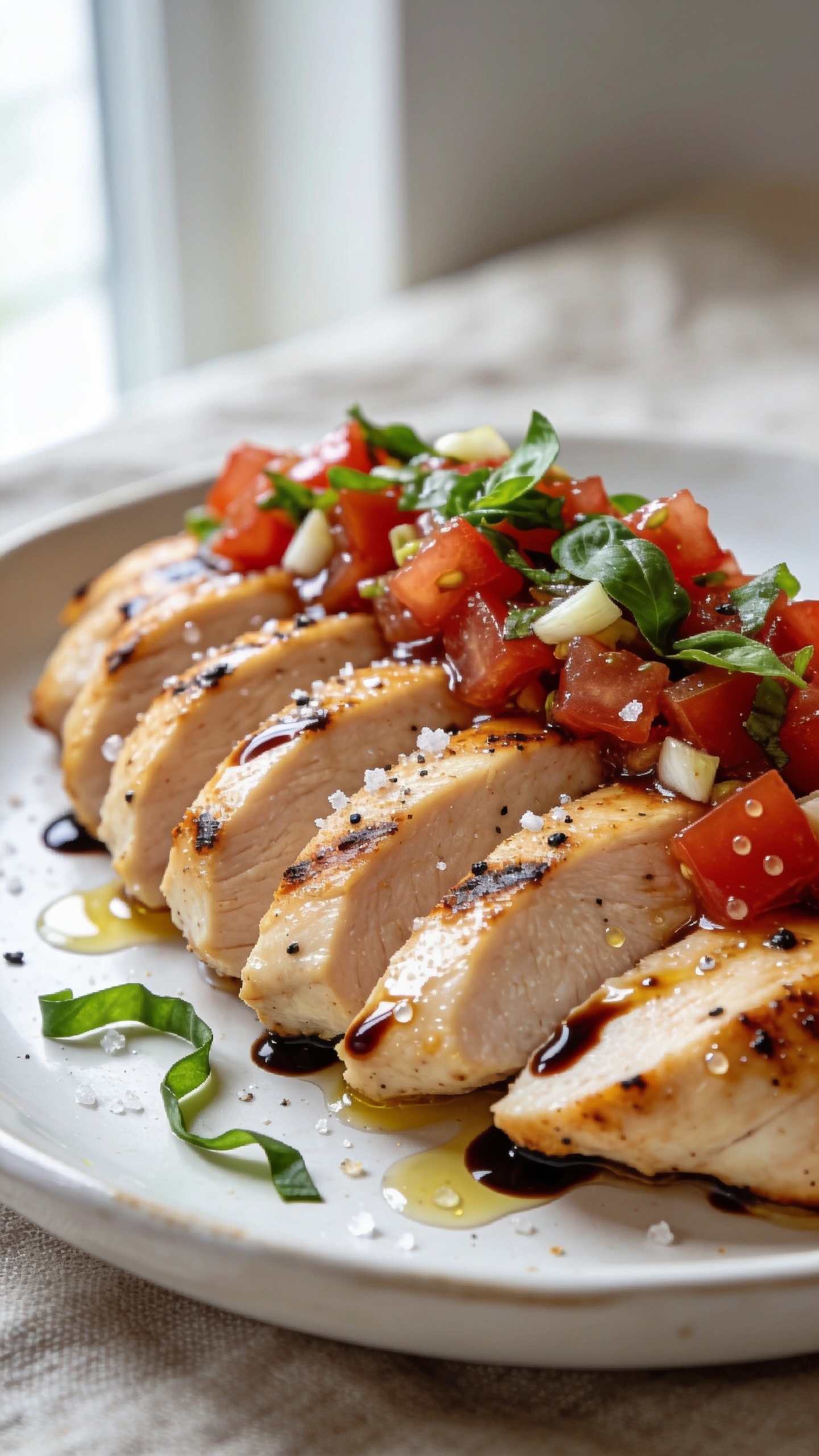 Ultra-close hero shot of High Protein Bruschetta Chicken: thick, juicy pan-seared chicken breast sliced on a slight bias and fanned on a white ceramic plate, topped edge-to-edge with a glossy, chunky bruschetta of vine-ripe diced tomatoes, minced garlic, and torn basil, finished with a lacquered drizzle of balsamic reduction and a light sheen of extra-virgin olive oil. Visible coarse sea salt crystals and cracked black pepper on the chicken, tiny chicken char marks for texture, and micro droplets of balsamic catching the light. A few basil ribbons scattered on the plate, no text. Bright natural window light from the left, shallow depth of field with only the front slice tack-sharp, premium food-blog styling, food filling 90â95% of frame on a neutral linen backdrop.
