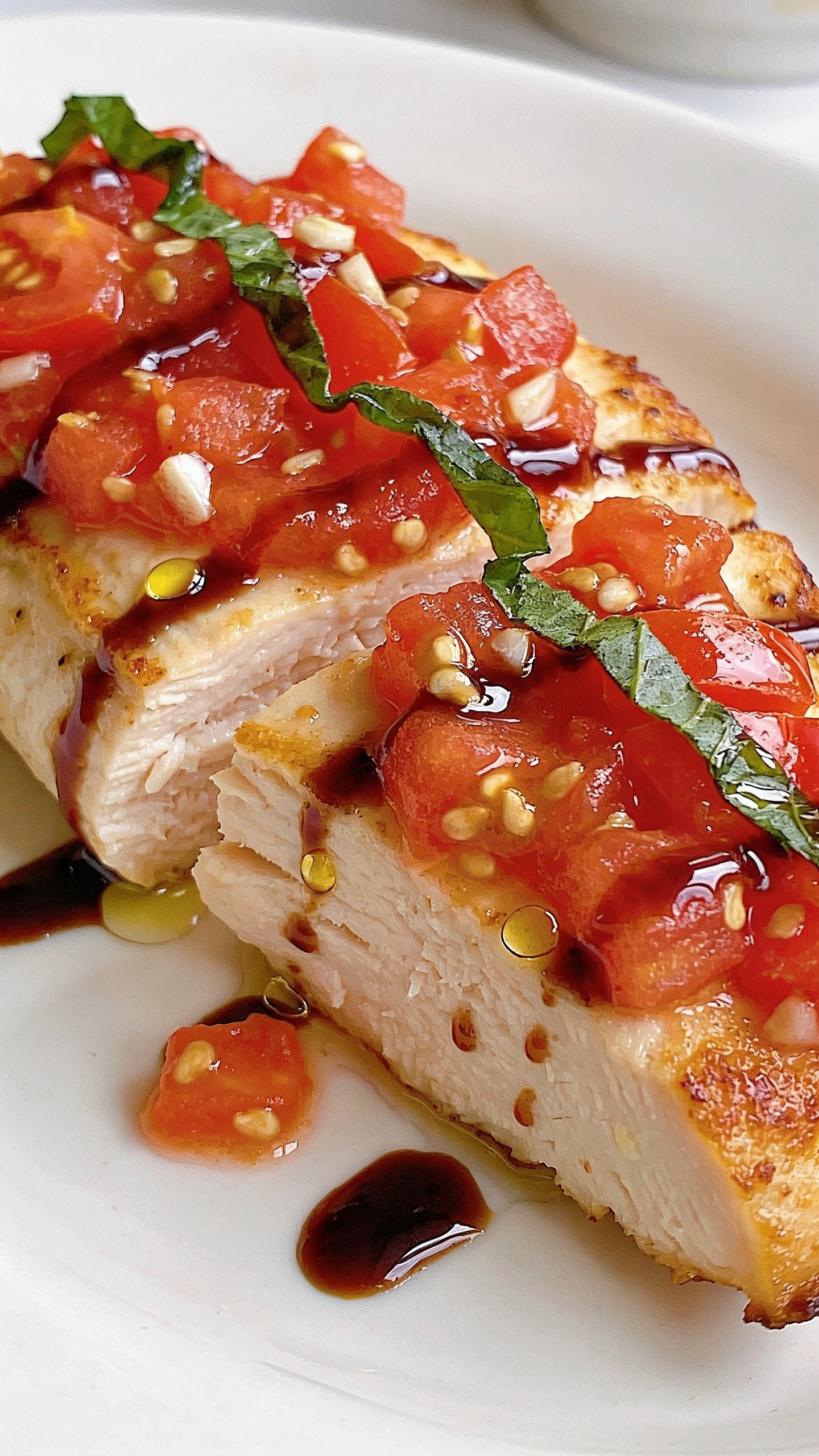 Macro close-up at a 45-degree angle of the same plated bruschetta chicken: tight focus on the cut surface of a juicy slice showing moist fibers, with the chunky tomato topping bursting with juice, seeds, and minced garlic, basil ribbons vibrant and just-wilted. A precise zigzag of glossy balsamic reduction across both chicken and tomatoes, tiny olive oil beads catching highlights, and lightly crisped golden edges on the chicken. A few stray tomato juices pooling on the plate for shine. Bright natural side light, shallow depth of field, neutral background blur, food occupying 90â95% of frame to emphasize texture and freshness.