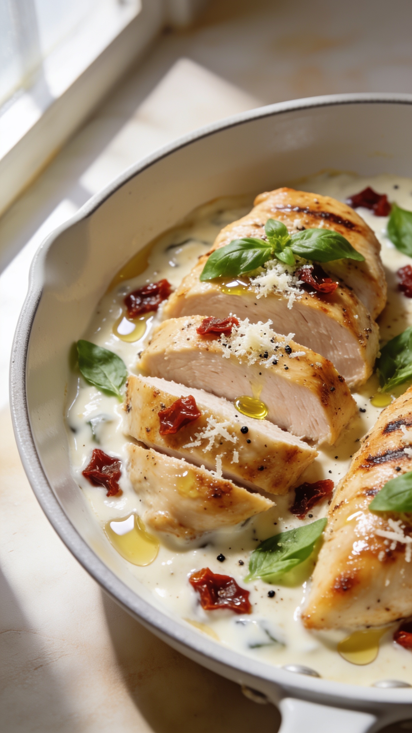 Ultra-close hero shot of High Protein Marry Me Chicken: golden-seared chicken breasts sliced to show juicy interior, nestled in a glossy garlicky cream sauce made with Greek yogurt and light cream, studded with chopped sun-dried tomatoes; sprinkled with freshly grated Parmesan and torn basil; a few cracks of black pepper and a light shimmer of olive oil on top. Served in a shallow white skillet with minimal rim showing, sauce pooling around the chicken. Bright natural window light from the left, soft shadows, shallow depth of field, creamy bokeh background with warm neutral tones. Food fills 90â95% of frame, emphasizing the glistening sauce, sear marks, and vibrant basil.