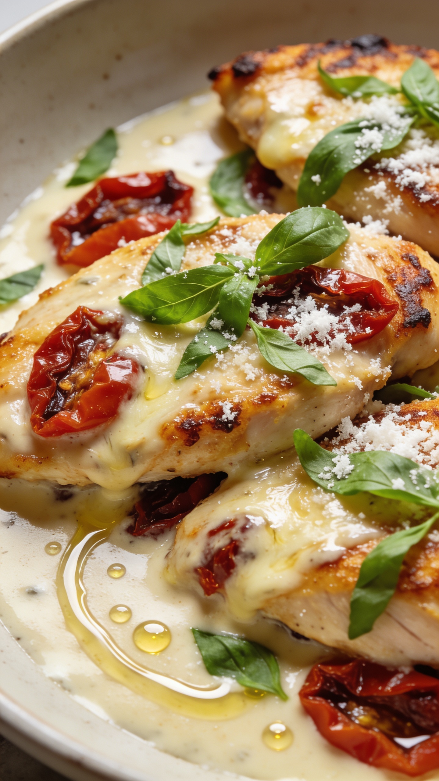 Macro close-up from a different angle: tight focus on overlapping chicken cutlets glazed in the creamy garlicky sauce, with sun-dried tomatoes peeking through, edges of chicken crisp and caramelized; fresh basil chiffonade scattered on top and a light snowfall of Parmesan just melted into the sauce. A gentle spoon-swirl track visible in the sauce to show silkiness, tiny droplets of olive oil shimmering. Shot in a neutral ceramic serving dish, bright natural top-side lighting, shallow depth of field, rich color contrast between golden chicken, ruby tomatoes, and vibrant green basil. Food fills 90â95% of frame, premium food-blog styling.