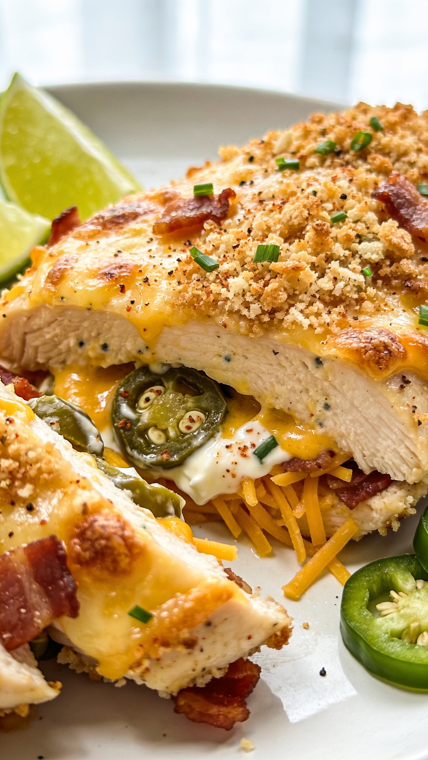 Ultra-close hero shot of High Protein Jalapeño Popper Chicken Breast: oven-baked, skinless chicken breasts stuffed with a creamy filling of whipped cream cheese, shredded cheddar and Monterey Jack, finely chopped jalapeños (some seeds visible), and crisp turkey bacon bits, then topped with extra cheese and a light panko-parmesan crust. The chicken is sliced to reveal the molten, speckled jalapeño-cheddar filling oozing slightly, with golden, blistered cheese and browned panko on top, tiny flecks of smoked paprika and black pepper, and a sprinkle of fresh chopped chives. Plate on a matte white plate with a minimal side of bright lime wedges and a few fresh jalapeño rounds for color continuity. Bright natural window light, shallow depth of field, glossy melted cheese highlights, crispy edges in razor focus, background softly blurred, 90–95% frame filled with the food.