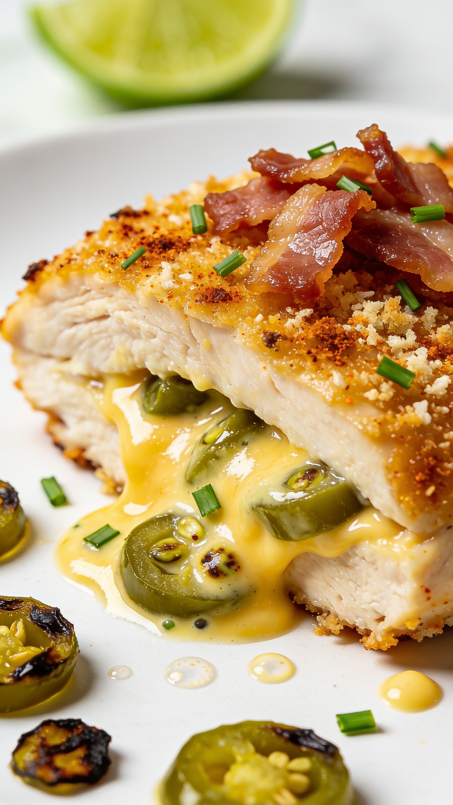 Extreme close-up from a low angle of the same finished chicken breast just after slicing, emphasizing texture: caramelized, golden panko-parmesan crust with paprika speckles, crisp turkey bacon bits on top, and the creamy jalapeño-cheddar filling glistening and gently flowing from the cut. Visible seeds and jalapeño flecks for heat cue, chopped chives sprinkled over, a few charred jalapeño rounds and tiny cheese bubbles around the slice. Clean white plate, faint bokeh of lime wedge in the back. Bright natural light, shallow depth of field, rich gloss on cheese, crisp edges in focus, food dominating 90–95% of the frame.