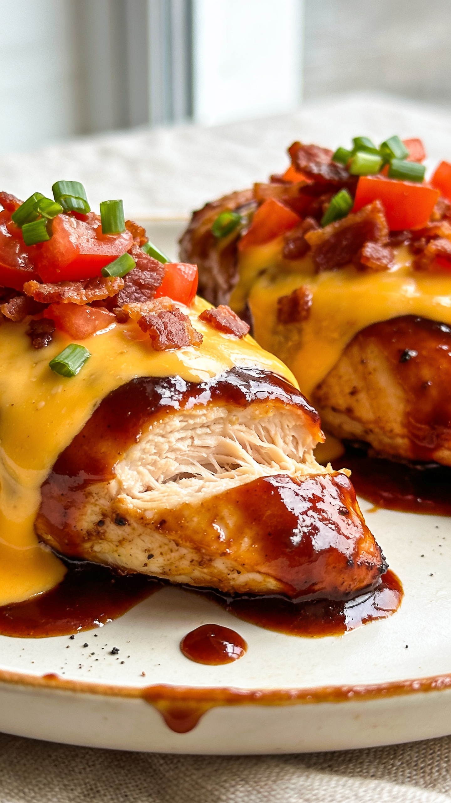 Ultra close-up hero shot of High Protein Monterey Chicken Breast: two boneless, skinless chicken breasts glazed with a shiny, mahogany BBQ sauce, crowned with fully melted Monterey Jack cheese that bubbles lightly and drapes over the sides, topped with crisp crumbled bacon, diced ripe tomatoes, and a sprinkle of fresh chopped scallions. The chicken sits on a warm, matte white plate with a minimal smear of BBQ sauce, a few glossy sauce drips on the rim, and a faint sprinkle of black pepper. Bright natural window light from the left, shallow depth of field with the front third of the chicken in razor focus showing juicy fibers and cheese sheen, blurred neutral background with a subtle linen texture. Food fills 90â95% of frame, colors vibrant, textures rich, no text, no hands.