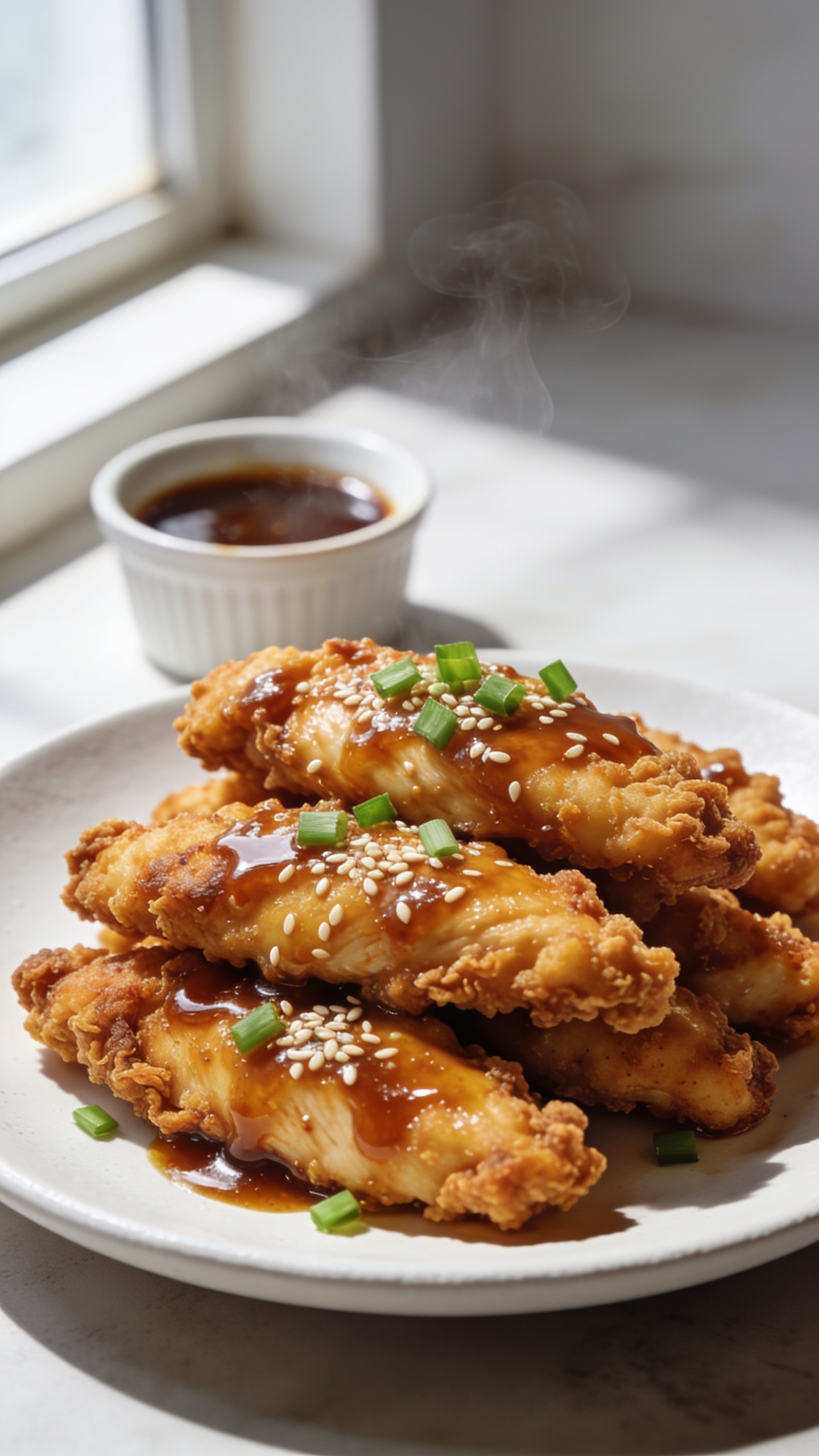 Extreme close-up hero shot of High Protein Honey Garlic Chicken Tenders piled on a matte white shallow plate, baked/air-fried and uniformly golden-brown with ultra-crispy craggy coating, glistening in a thick sticky honey-garlic glaze; visible sesame seeds and finely chopped green onions sprinkled over; a small ramekin of extra glaze tucked in the background out of focus; tiny wisps of steam rising; bright natural window light from the left, soft shadows, shallow depth of field, food filling 90â95% of frame, no text, no hands, premium food-blog styling