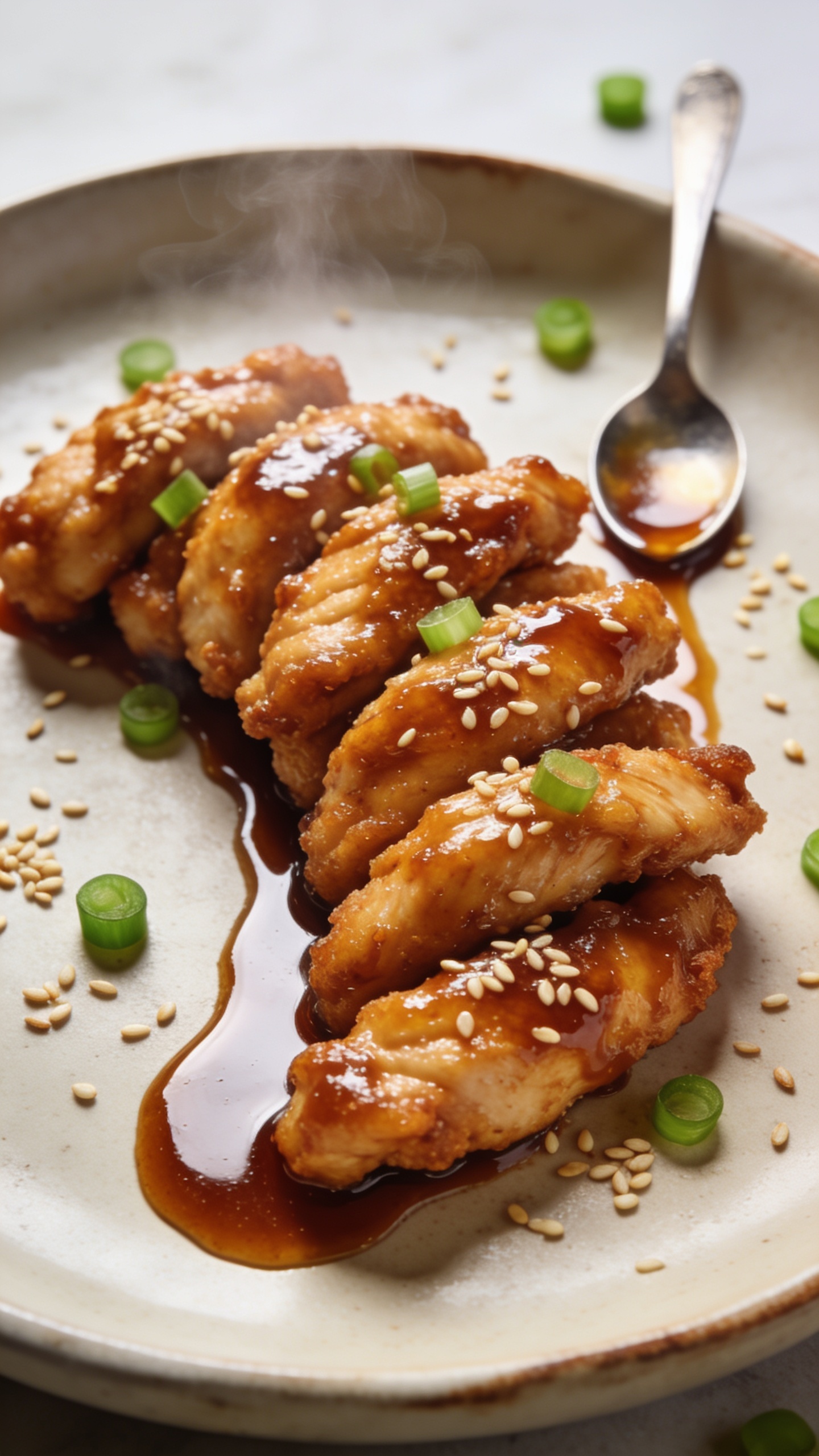 Macro angle from slightly overhead and to the side: a tight cluster of honey-garlic glazed chicken tenders arranged in a slight curve on a neutral ceramic platter, highlighting crunchy texture and lacquered sheen; a spoon drizzle trail of extra glaze pooling along the edges for shine; scattered toasted sesame seeds and fresh green onion rounds; faint steam, crisp edges visible; bright natural daylight, shallow depth of field, food dominates 90â95% of frame, consistent look with image 1 and 2, no text or people