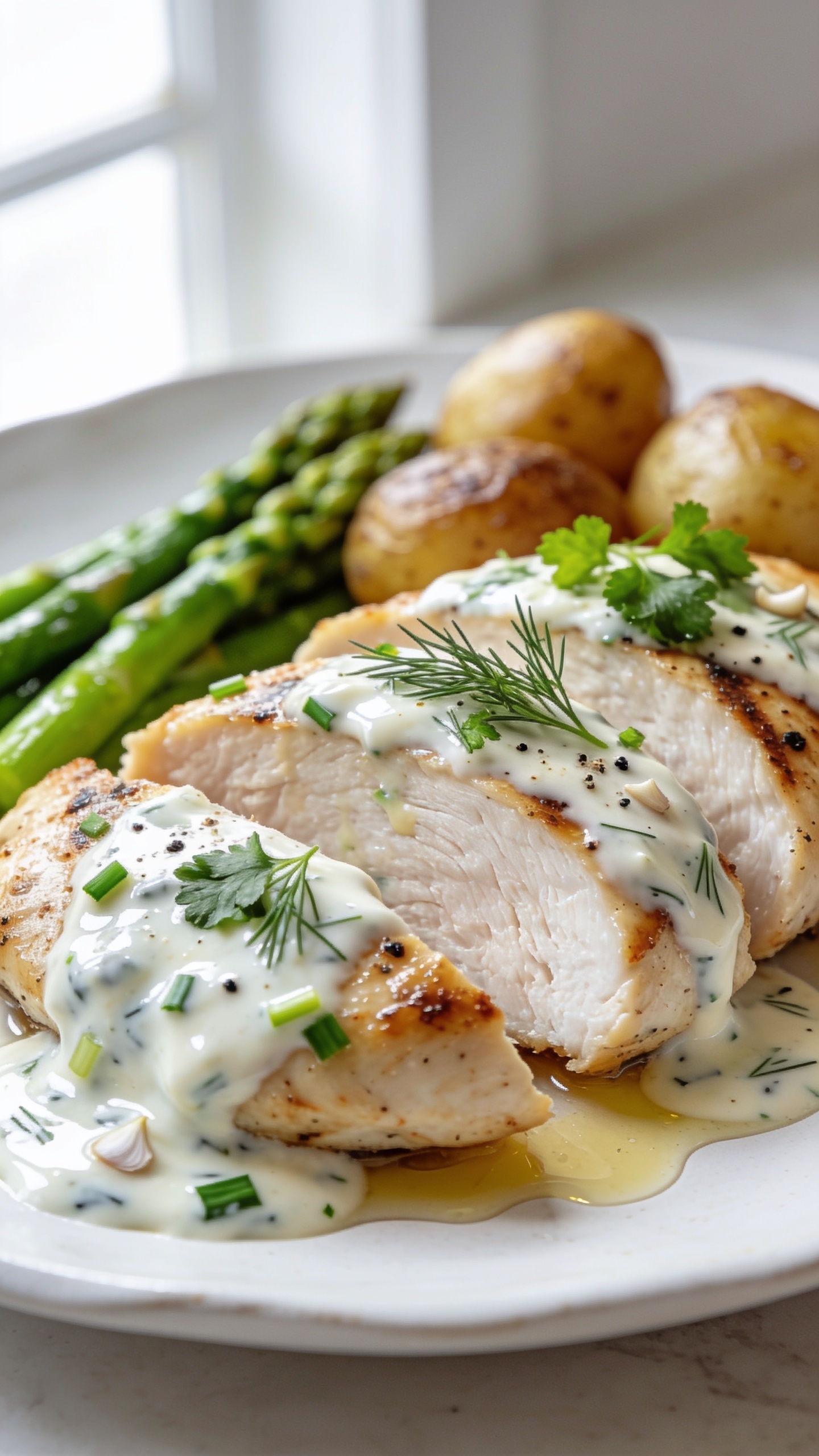 Ultra-close hero shot of High Protein Creamy Ranch Chicken Breast: thick, juicy pan-seared chicken breasts sliced to reveal moist, white interior, smothered in a glossy, creamy ranch sauce made with Greek yogurt and light cream cheese; visible flecks of dill, parsley, chives, garlic, and cracked black pepper throughout the sauce; a light drizzle pooling around the chicken with a subtle sheen; garnished with extra fresh dill and parsley; served on a simple white ceramic plate with a few roasted baby potatoes and bright green steamed asparagus tips tucked in the background blur; bright natural window light from the left, shallow depth of field, soft shadows, vibrant whites and greens, food filling 90â95% of frame, premium food-blog styling.