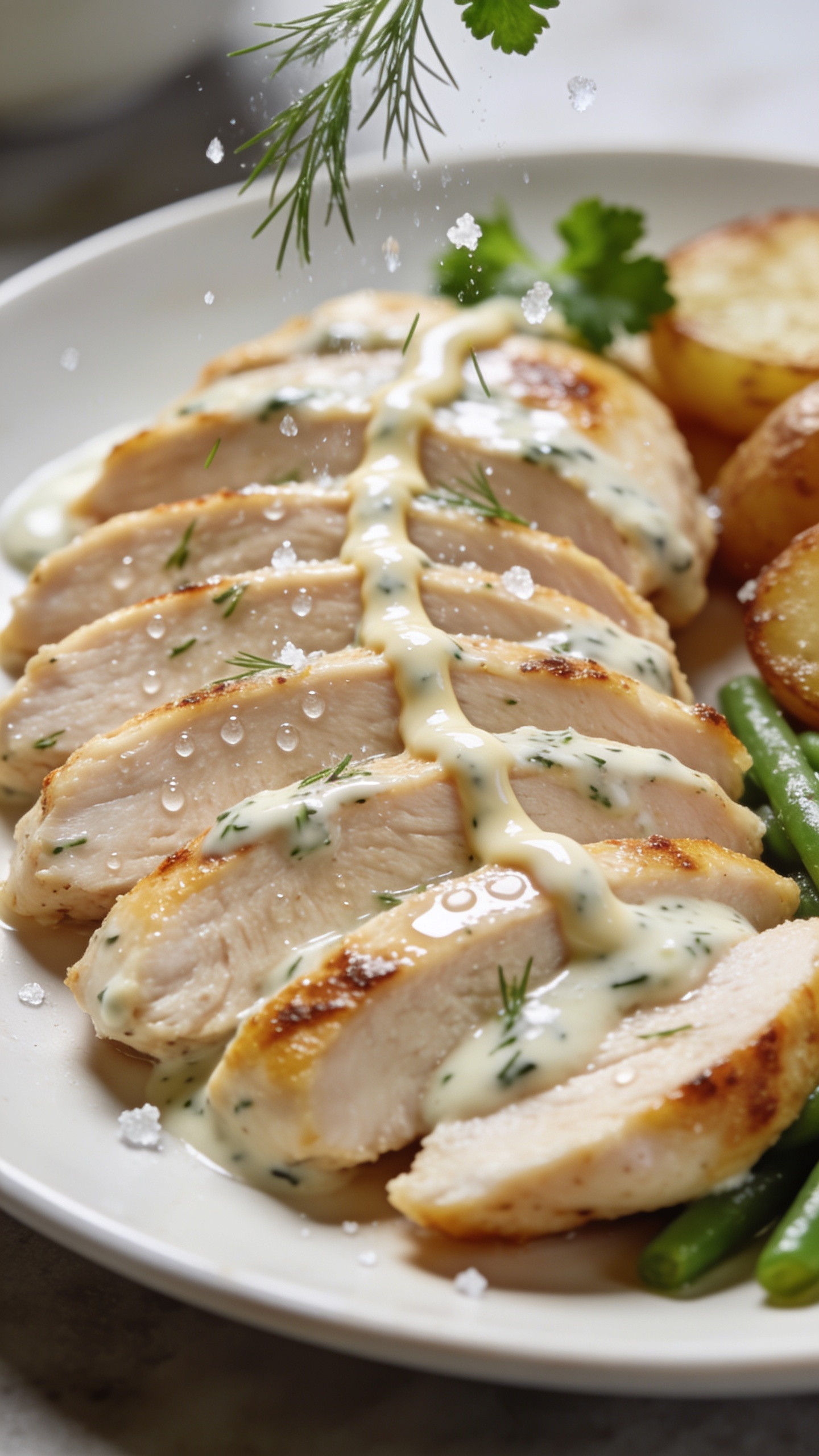 Macro angle from slightly overhead and to the side: sliced High Protein Creamy Ranch Chicken Breast fanned across the plate, each slice glistening with the tangy herb-studded ranch sauce; micro-beads of moisture on the cut surface showing juiciness; edges lightly golden from pan sear; a thin extra drizzle of sauce zigzagged over the top; finishing sprinkle of fresh dill and parsley captured mid-fall, frozen in motion; a few grains of flaky sea salt visible; minimal sides softly blurred at the edges (roasted potatoes and green beans) to keep focus on the chicken; bright natural light, shallow depth of field, 90â95% food in frame, cohesive with the hero image.