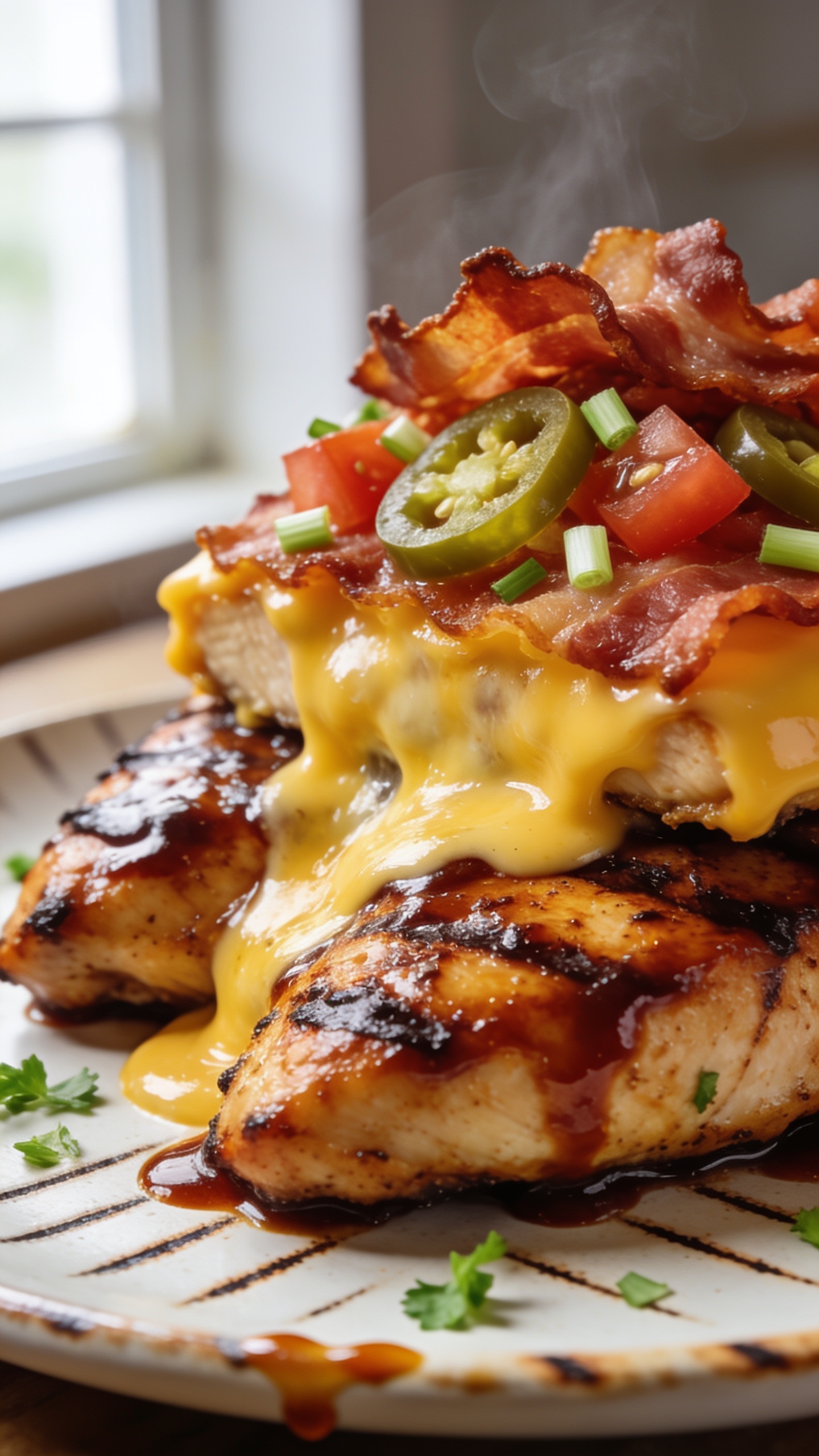 Ultra close-up hero shot of High Protein Monterey Chicken Breast: thick, juicy grilled chicken breasts glazed with a glossy mahogany BBQ sauce, blanketed with melted Monterey Jack cheese pooling and bubbling at the edges, topped with a crisp bacon crown, thin jalapeĂąo slices, diced ripe tomato, and a sprinkle of scallions. Serve on a warm white ceramic plate with minimal char-grilled crosshatch marks visible, a few sauce drips on the plate rim, and a light scatter of fresh chopped parsley. Bright natural window light from the left, shallow depth of field with the front edge of the cheese and bacon in sharp focus and the background softly blurred. Food fills 90â95% of frame, vibrant colors, rich textures, steam subtly rising to suggest heat, premium food-blog styling.
