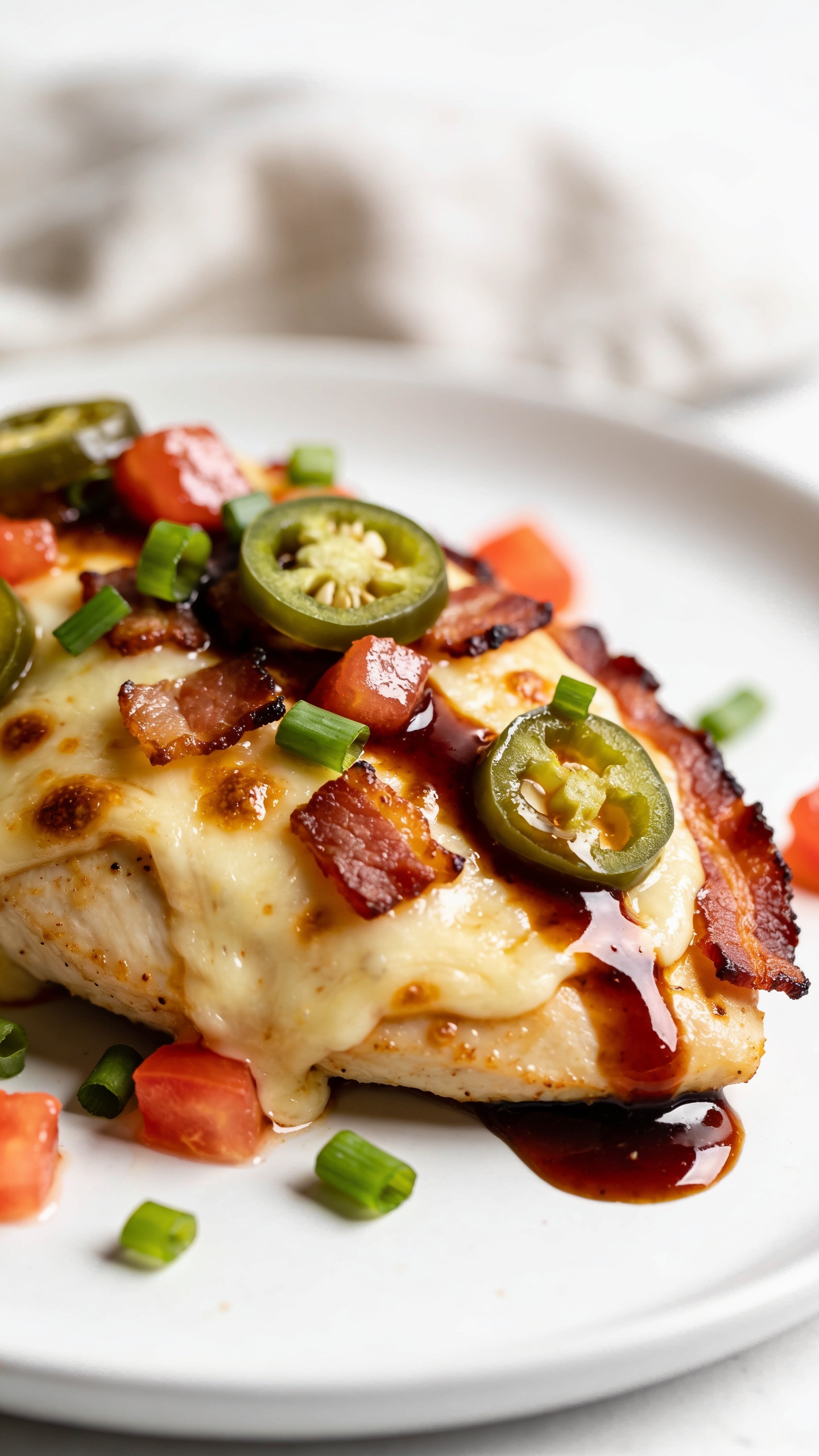 Extreme close-up from a low 3/4 angle of the same plated Monterey Chicken Breast, emphasizing textures: lacquered BBQ sheen beading on the surface, cheese molten and slightly blistered, bacon pieces crisp with rendered edges, fresh jalapeĂąo rings and juicy tomato dice glistening, scallions bright. A small drizzle of extra BBQ sauce trails across the top, pooling in a glossy rivulet at the edge. White plate, soft linen napkin bokeh in the background. Bright natural side light, shallow depth of field focusing on the melty cheese and crispy bacon edge, food filling 90â95% of the frame, clean, modern, premium food-blog look.