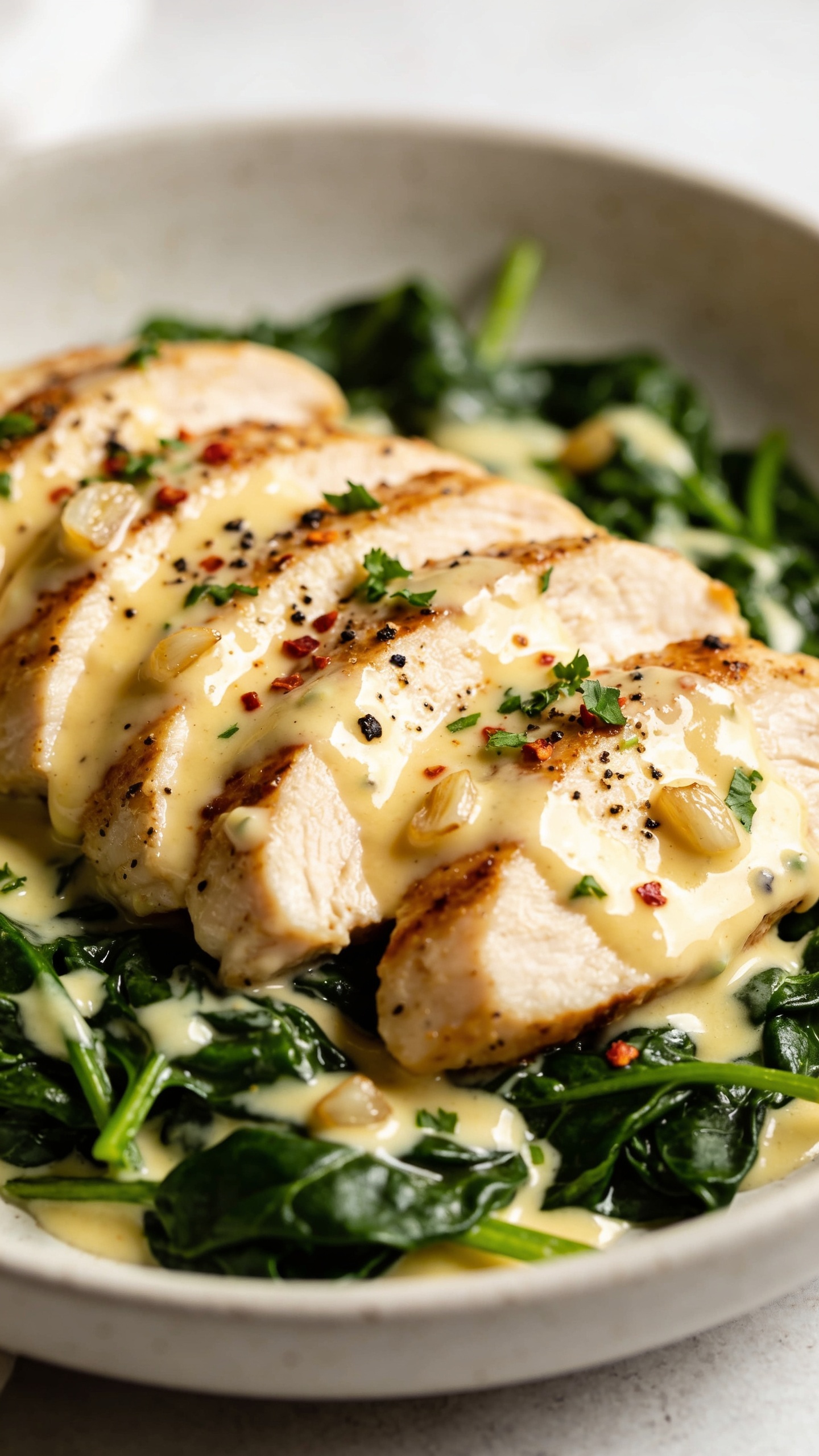 Extreme close-up hero shot of High Protein Creamy Garlic Spinach Chicken Breast: thick, juicy seared chicken breasts sliced on a slight bias, glistening with a velvety pale-golden garlic cream sauce made with Greek yogurt, nestled on a bed of just-wilted emerald spinach. Sauce is glossy and clings to the chicken, tiny sautĂ©ed garlic bits visible. Garnish with a light shower of freshly cracked black pepper, a few red pepper flakes, and finely chopped parsley. Plate on a matte off-white shallow bowl to contrast the vibrant greens and golden sauce. Bright natural side light, shallow depth of field, creamy bokeh in the background, 90â95% frame filled with food, premium food-blog styling, no text.