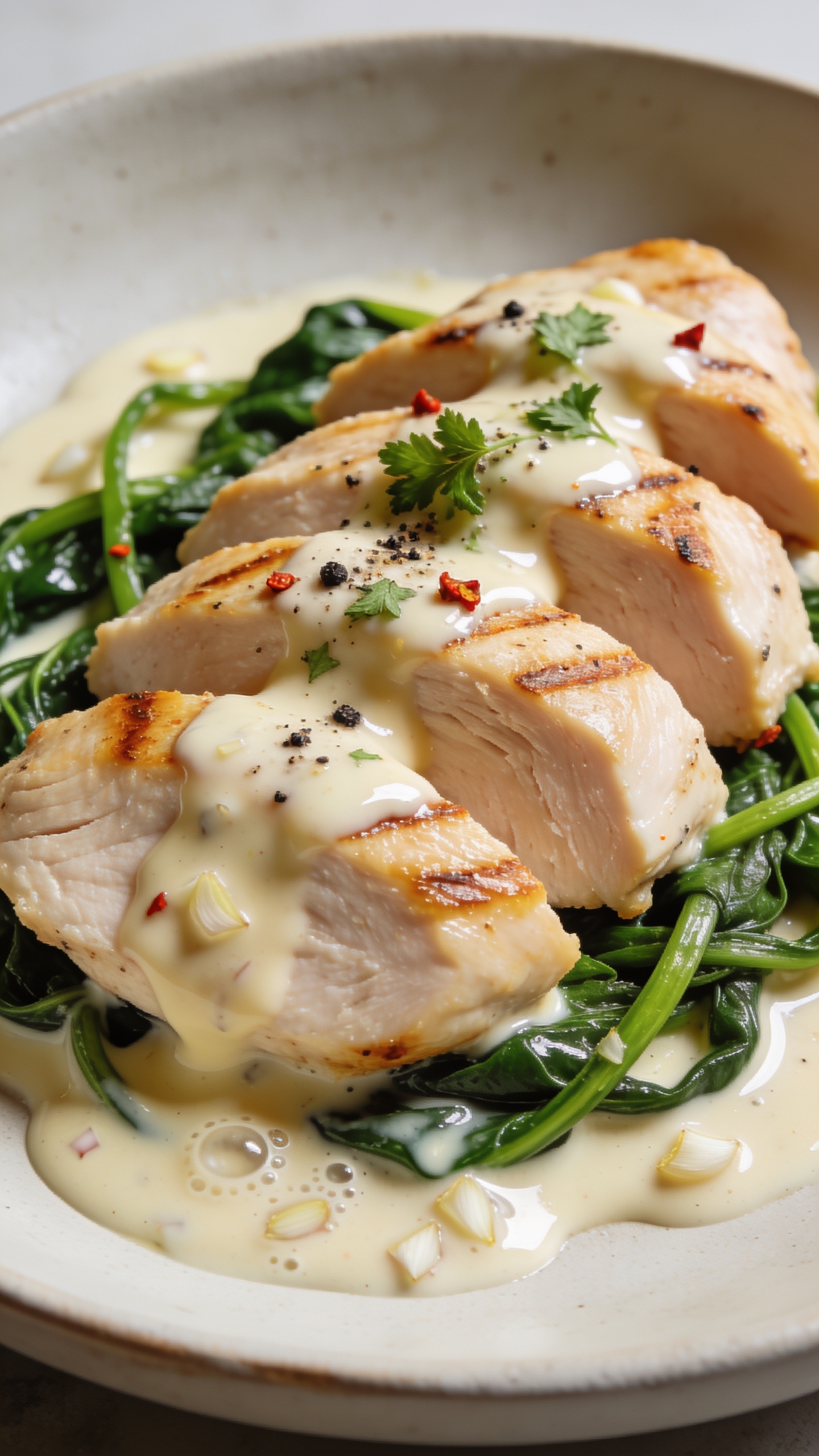 Macro close-up from a low angle focusing on textures: cross-sections of juicy chicken breast with light golden sear marks, generously blanketed in silky garlic cream sauce pooling slightly around the base, glossy and smooth with micro-bubbles and minced garlic visible. Vibrant wilted spinach threads weave through the sauce, edges glossy and fresh. Finishing details: a light drizzle of extra sauce over the top, a sprinkle of parsley, cracked black pepper, and a few red pepper flakes for heat. Shot on the same matte off-white shallow bowl, bright natural side light, shallow depth of field, 90â95% frame filled with food, cohesive with the hero image.