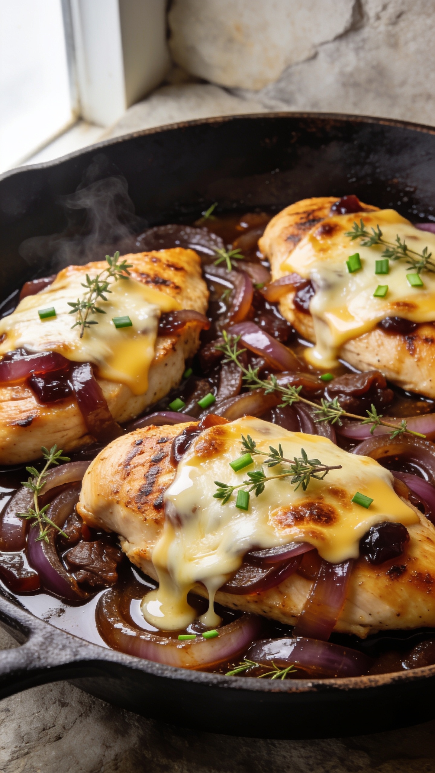 Ultra-close hero shot of High Protein French Onion Chicken Breast: golden seared chicken breasts nestled in a small cast-iron skillet, smothered with deeply caramelized, jammy onions and a glossy thyme-studded beef-wine pan sauce, capped with perfectly melted Gruyère and a little mozzarella blendâedges blistered and bubbly, light cheese pull pooling into the onions. Fresh thyme leaves and a few micro-chopped chives sprinkled on top, a light sheen of pan juices around the chicken. Bright natural window light from the left, shallow depth of field, rustic dark skillet on a neutral stone backdrop, 90â95% frame filled with the cheesy, onion-laced chicken, steam subtly visible, premium food-blog styling.