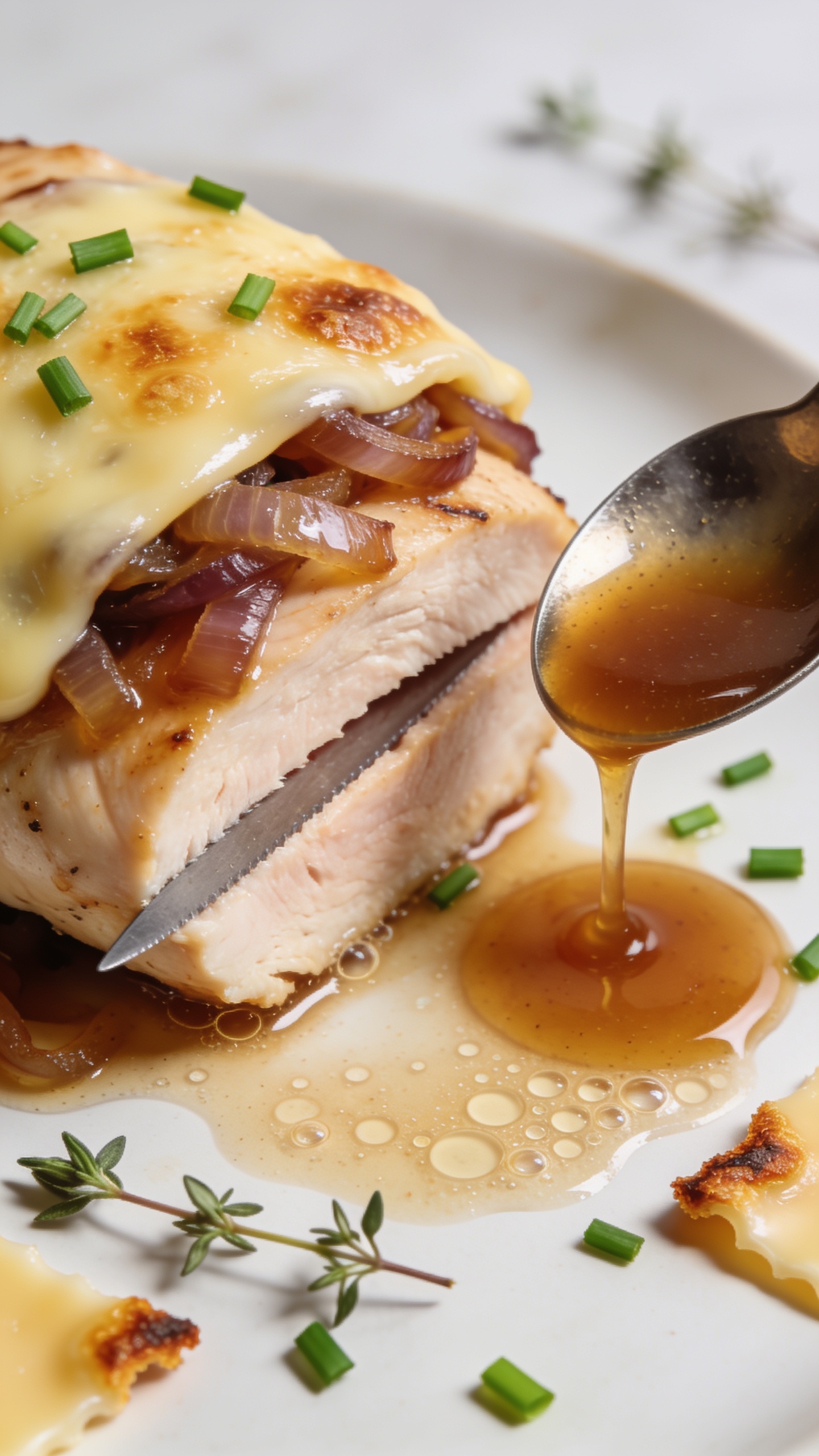 Tight angle beauty close-up from the opposite side: one chicken breast centered, knife-sliced edge revealing juicy interior, topped with caramelized onions under a gooey, lightly browned Gruyère cap. A glossy spoonful of pan sauce recently drizzled over, pooling around the base with tiny bubbles and thyme leaves suspended. Scattered micro-chopped chives for a fresh pop of green, a few crisped cheese edges for texture. Bright natural light, very shallow depth of field, minimal neutral background, 90â95% frame filled with the saucy, cheesy chicken, rich textures and vibrant detail consistent with the other images.