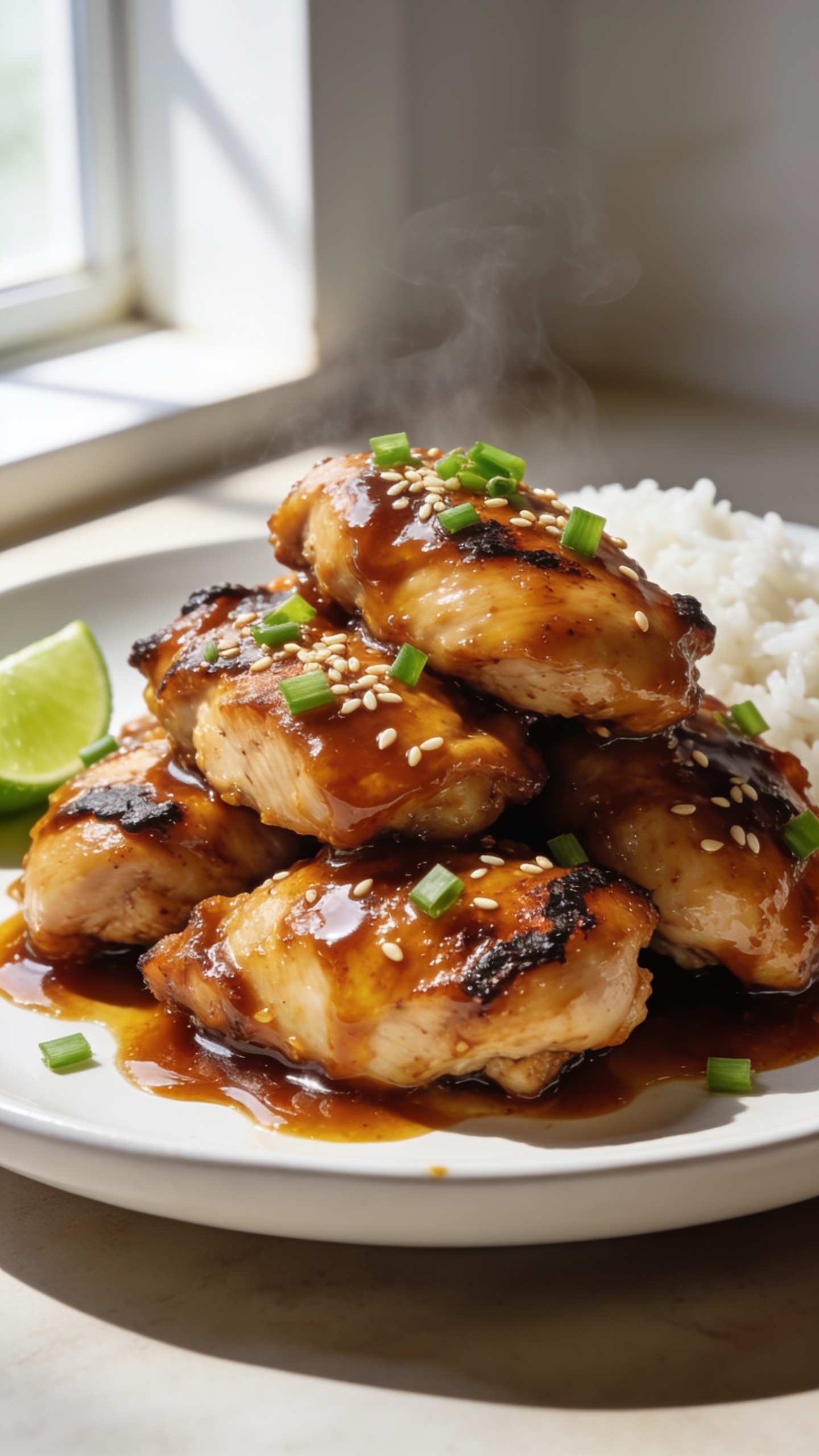 Extreme close-up hero shot of glossy honey garlic chicken thighs piled on a shallow matte-white plate, boneless skinless thighs lacquered with a thick amber-brown honey garlic glaze, edges caramelized and slightly charred, sesame seeds and finely chopped green onions sprinkled over the top, a few glistening sauce puddles around the chicken, with a side of fluffy white rice barely peeking in the background and a wedge of lime off to the side for color. Bright natural window light from the left, soft shadows, shallow depth of field, steam subtly rising, food filling 90–95% of frame, premium food-blog styling on a light neutral surface.