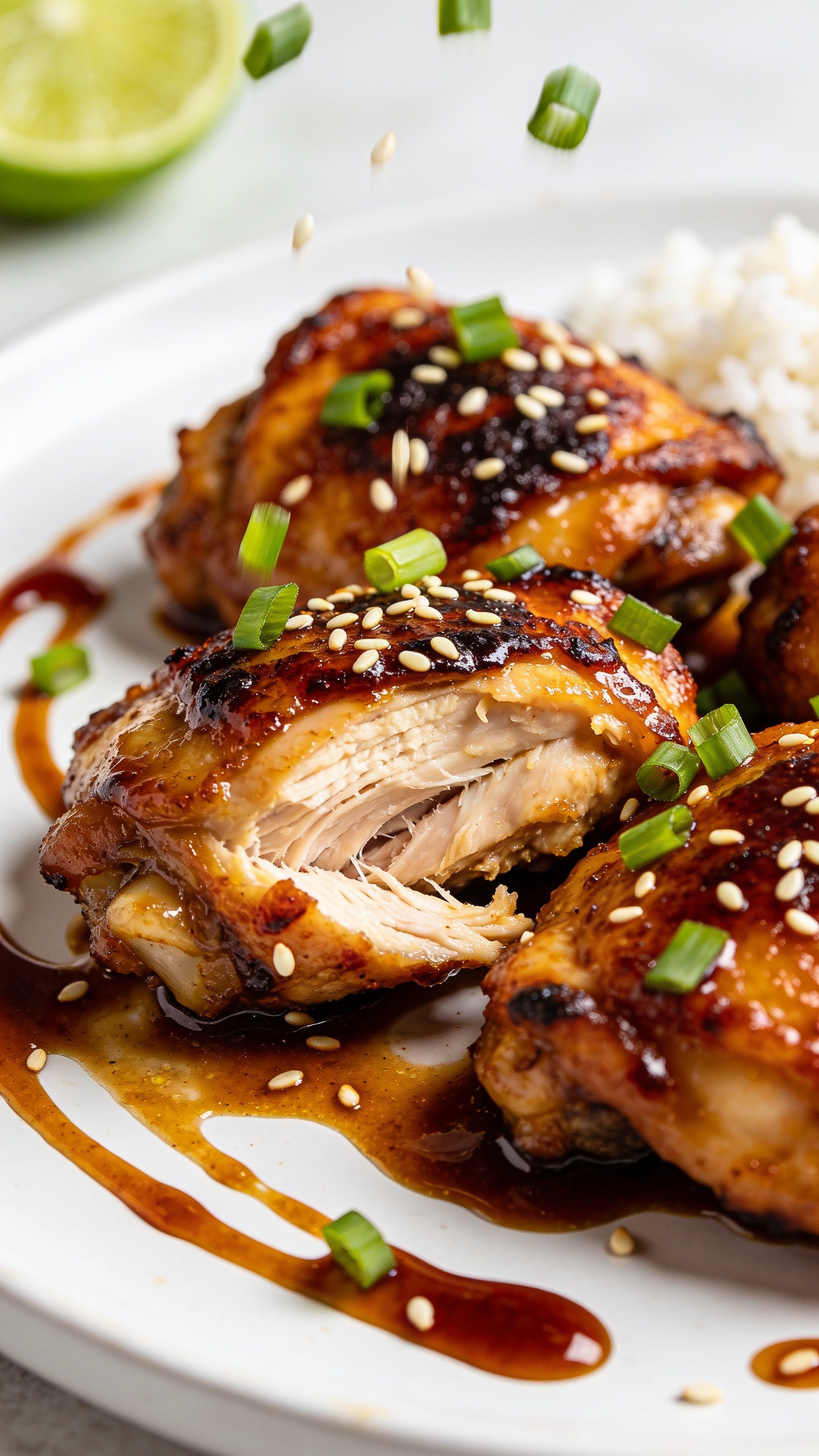 Ultra-close 45-degree angle macro of the same plated honey garlic chicken thighs, highlighting the lacquered surface, caramelized edges, and juicy interior fibers where one thigh is slightly torn to reveal tenderness. Thick glaze pooled in spoonable swirls around the chicken, sesame seeds and finely sliced green onions freshly scattered mid-fall, a few grains of white rice and a lime wedge softly blurred in the background. Bright natural lighting, shallow depth of field, rich contrast and vibrant color, food filling 90–95% of frame, cohesive with the hero image.