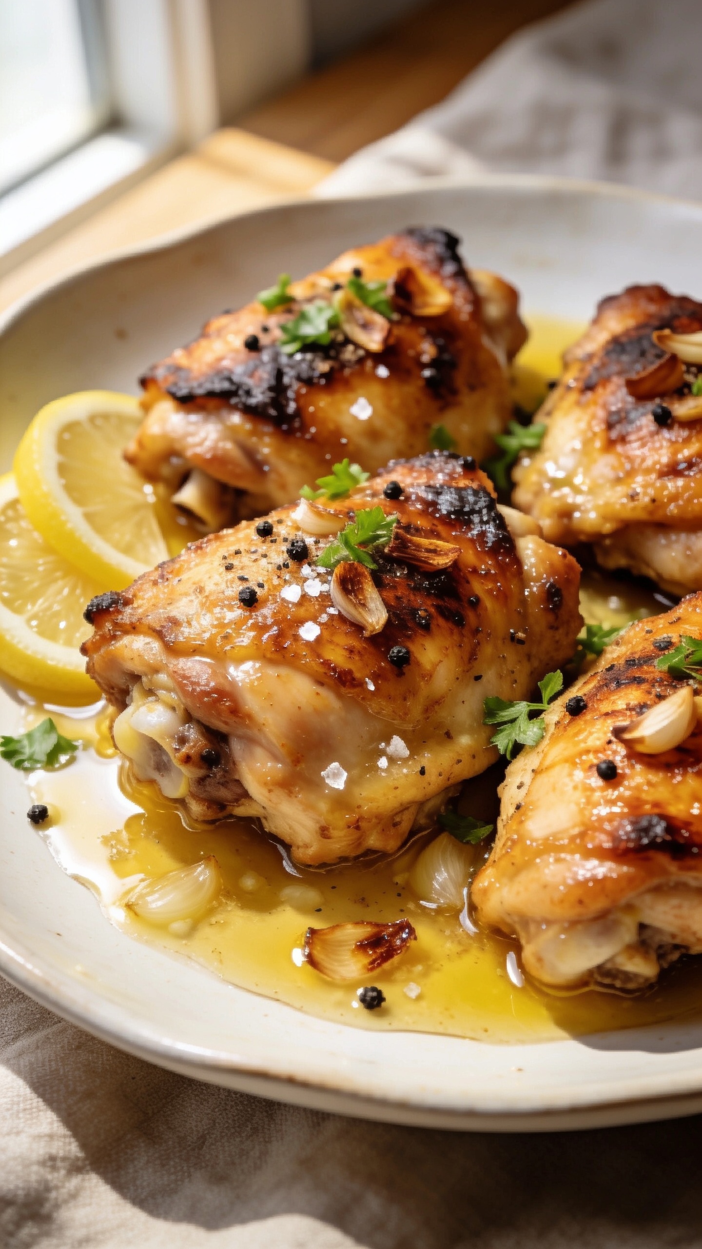 Ultra-close hero shot of high-protein garlic butter chicken thighs, bone-in, skin-on, seared to deep golden-brown with ultra-crispy blistered skin, glistening in melted garlic butter. Pool of glossy garlic-lemon butter gathers at the base of the thighs on a warm white shallow ceramic plate, with thin lemon wedges tucked alongside and a sprinkle of freshly chopped parsley and cracked black pepper on top. Visible browned garlic bits and caramelized edges, a few coarse sea salt flakes catching the light. Bright natural window light from the left, soft shadows, shallow depth of field; background softly blurred neutral linen and light wood. Food fills 90–95% of frame, rich textures, premium food-blog styling, same final recipe appearance in all images.