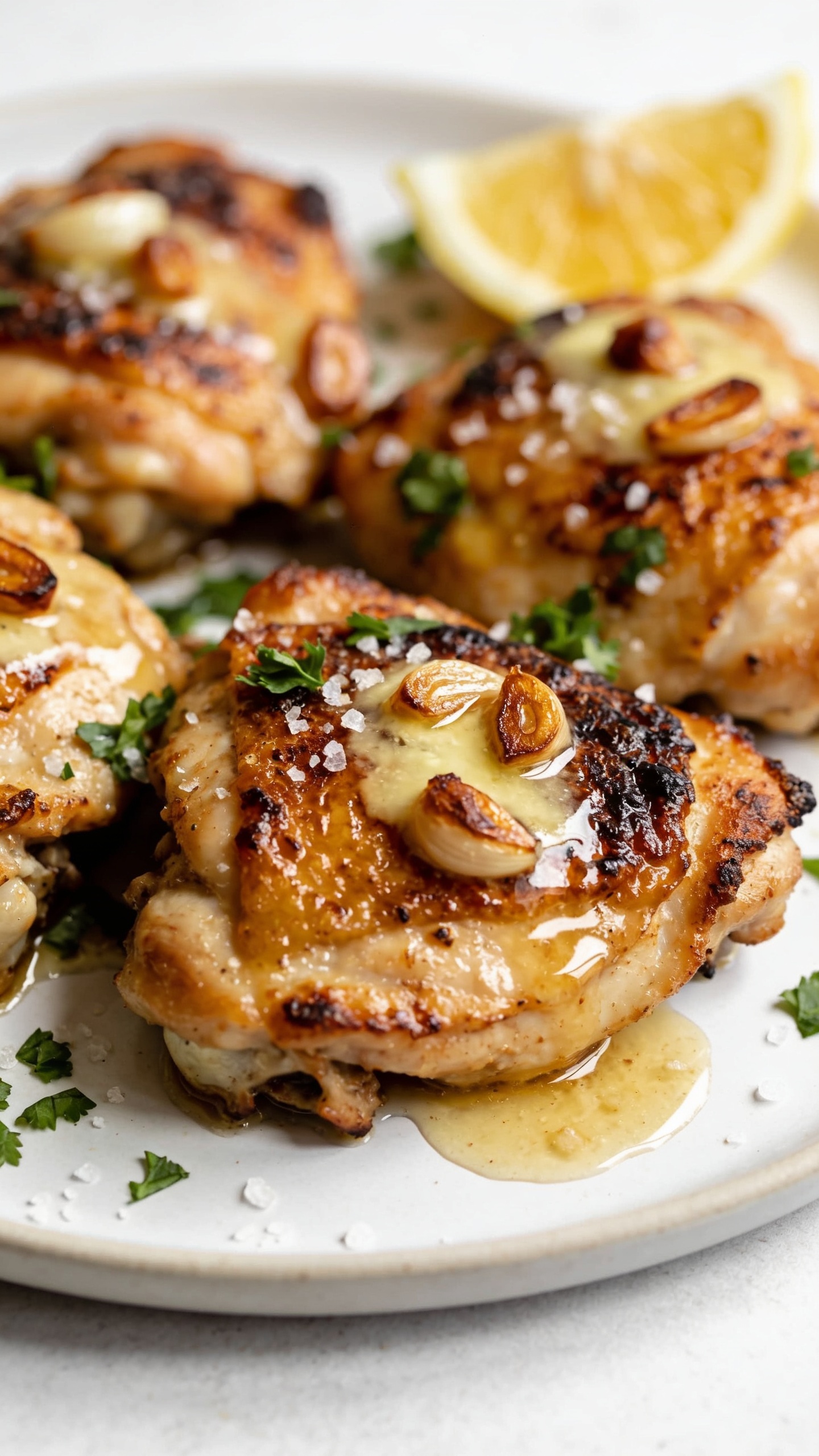 Extreme close-up angle on the same plated garlic butter chicken thighs showing crackly, rendered skin with deep golden blistering and caramelized edges. Glossy garlic butter brushed across the surface, tiny browned garlic pieces nestled in the skin’s crevices, scattered fresh parsley and flaky salt, and a thin sheen of sauce pooling with a soft reflection. A partially squeezed lemon wedge rests at the rim of the plate, slightly out of focus. Bright natural lighting, shallow depth of field, neutral background, food dominating 90–95% of the frame, cohesive with hero image styling.