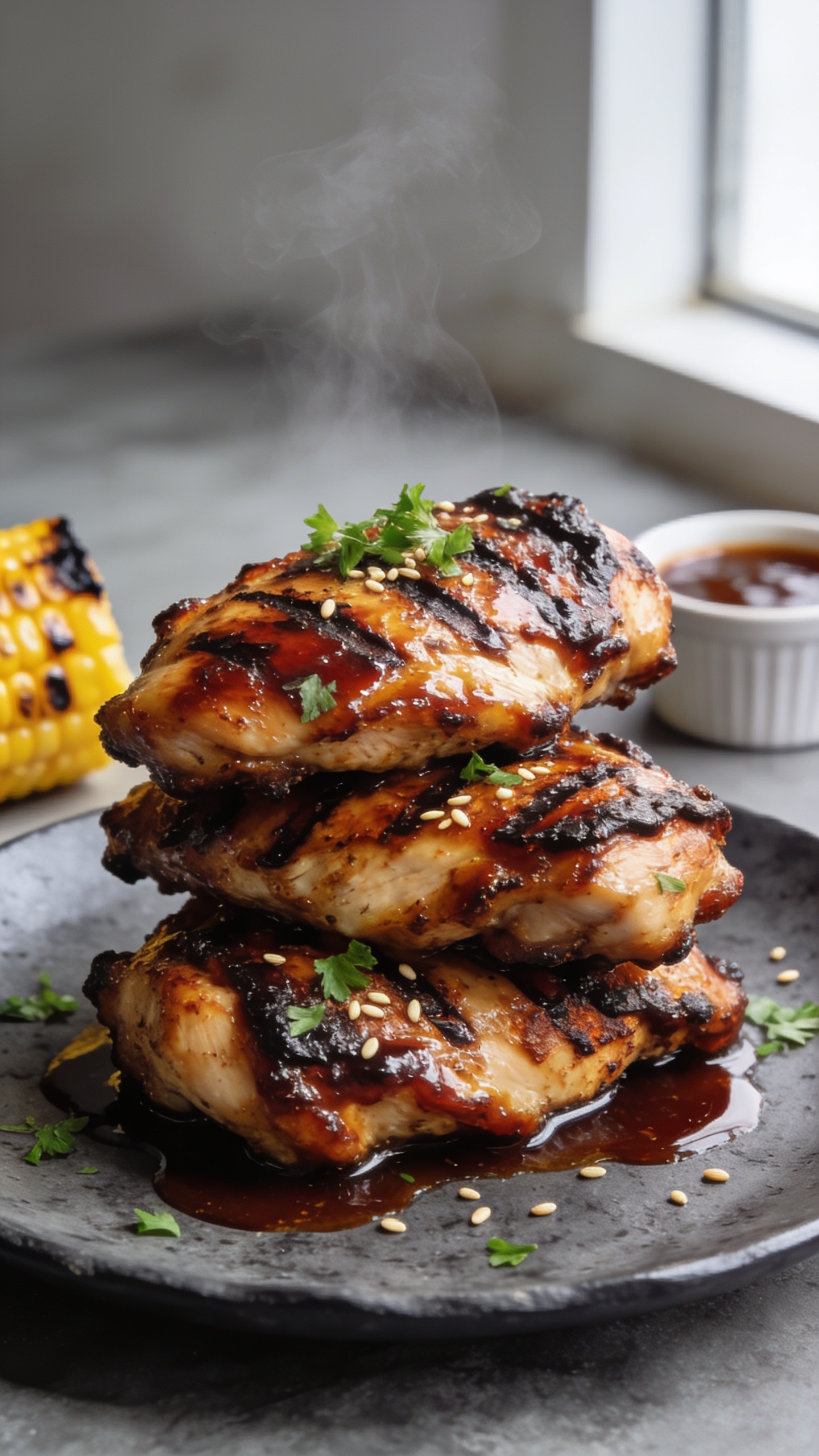 Ultra close-up hero shot of glazed grilled boneless skinless BBQ chicken thighs stacked on a matte charcoal plate, each piece with deep mahogany lacquered sauce, pronounced grill marks, caramelized crispy edges, and a light brush of glossy BBQ glaze pooling slightly at the base; sprinkled with finely chopped fresh parsley and a few toasted sesame seeds; side elements barely visible and blurred (a wedge of charred corn and a small ramekin of extra sauce out of focus); bright natural window light, shallow depth of field, food filling 90â95% of frame, premium food-blog styling on a neutral slate background, steam faintly rising to signal just-off-the-grill heat.