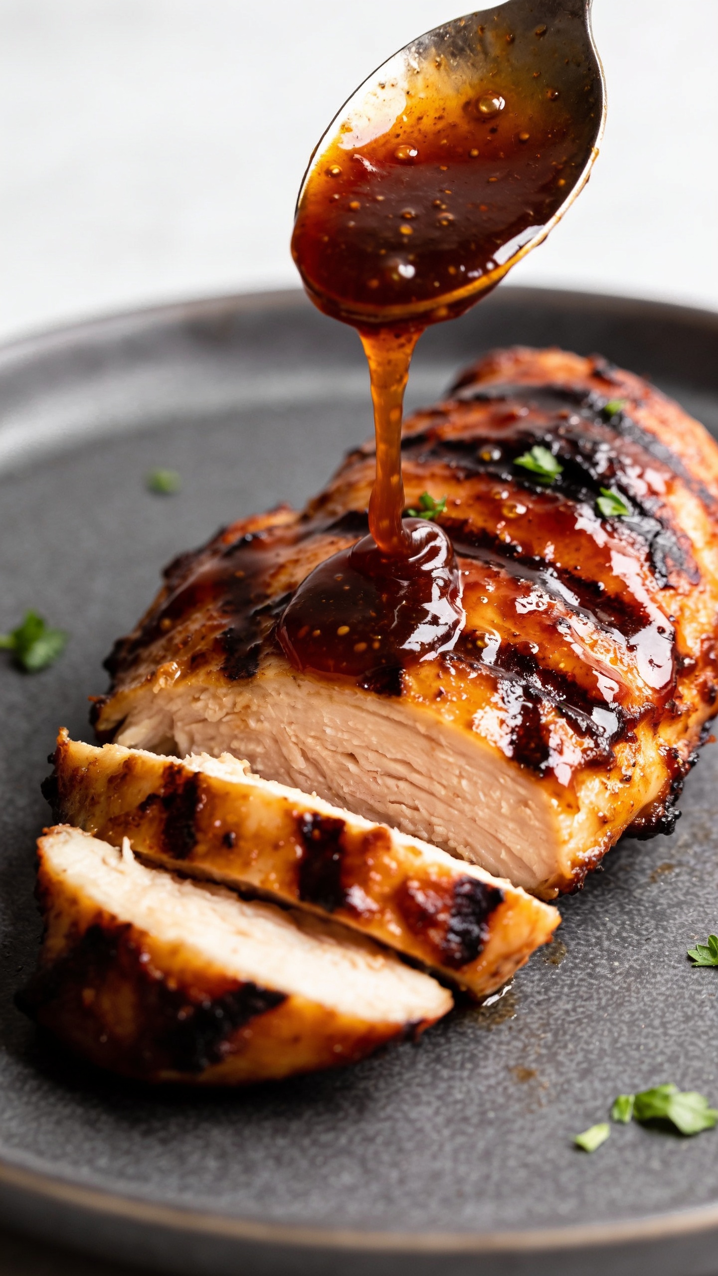 Macro side-angle close-up of a single BBQ chicken thigh on the same matte charcoal plate, sliced to reveal moist, perfectly cooked interior with a glistening sheen; sticky mahogany sauce brushed over the top with tiny bubbles and lacquered shine, charred ridges and crispy edges emphasized; a slow spoon-drizzle of extra BBQ glaze frozen mid-air above the slice, forming a glossy cascade; a few parsley sprinkles on the surface; bright natural light, shallow depth of field, neutral slate background, food filling 90â95% of frame, cohesive with the hero image styling.