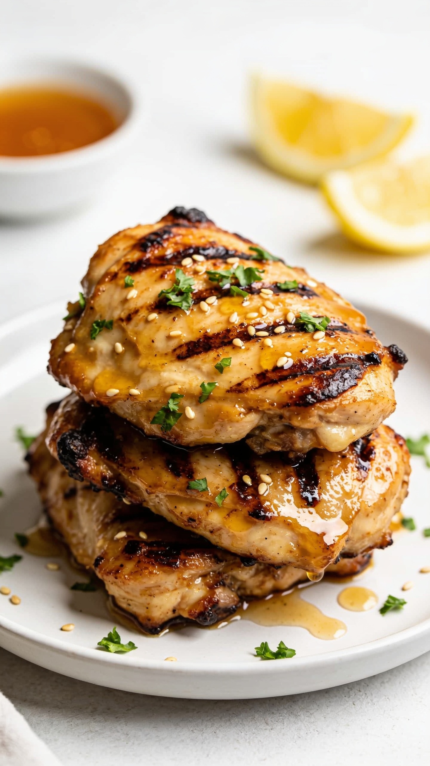 Ultra-close-up hero shot of high-protein grilled chicken thighs, boneless skin-on, stacked on a matte white plate, glistening with a light honey-garlic soy glaze and deep grill marks, edges caramelized and slightly charred, juices beading on the surface, sprinkled with finely chopped fresh parsley and a few toasted sesame seeds, thin lemon wedges and a small bowl of extra glaze blurred in the background; bright natural side lighting, shallow depth of field, clean neutral background, premium food-blog styling, food fills 90â95% of frame, vibrant warm tones highlighting juicy texture and glossy finish.