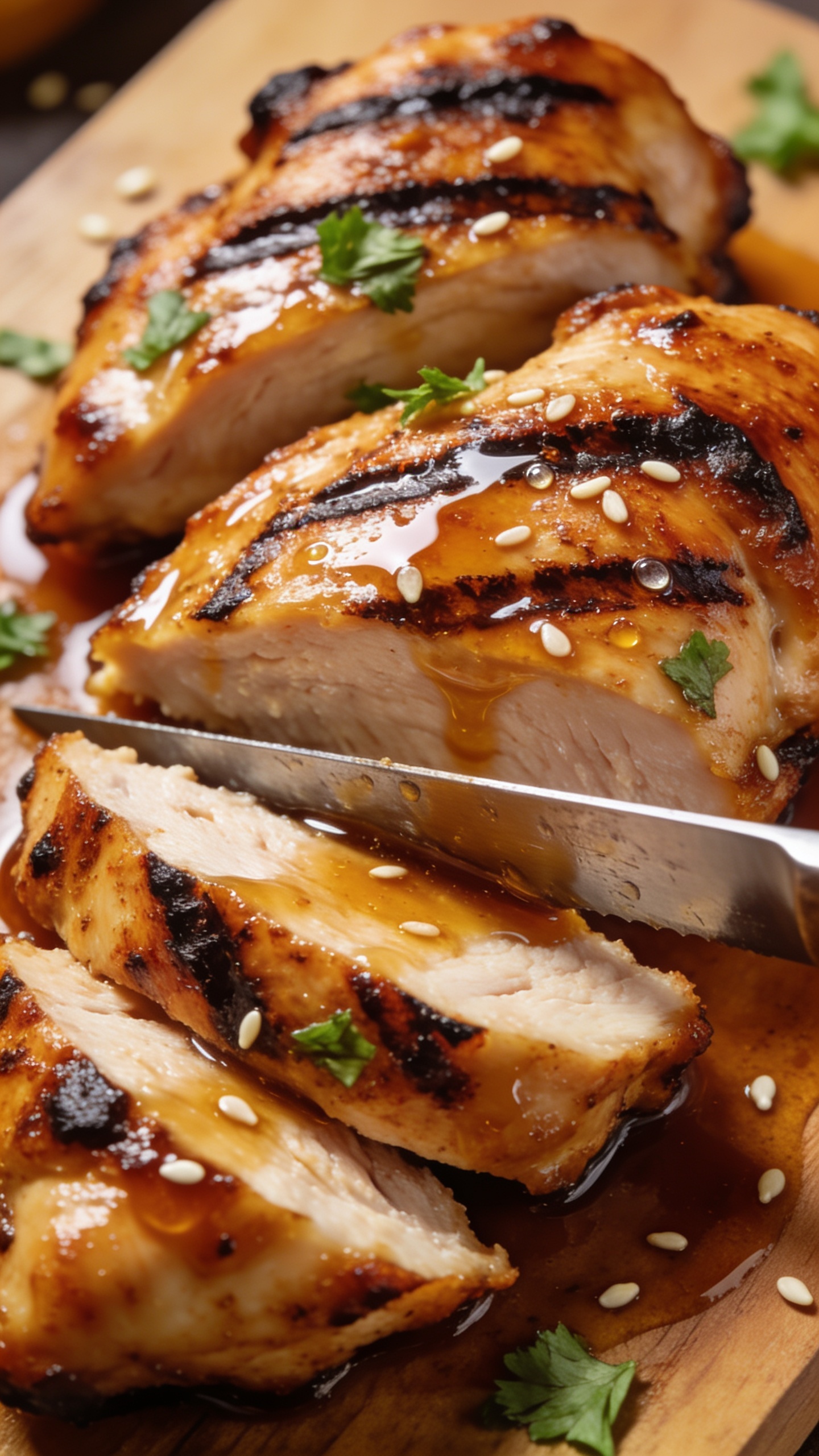 Extreme close, angled macro of the same finished grilled chicken thighs sliced to reveal the juicy interior, knife cut edges glistening, caramelized crust with charred ridges, thin brush of honey-garlic soy glaze pooling lightly in the grooves, micro-beads of juice on the surface, scattered parsley and a few sesame seeds, warm-toned wooden board barely visible at the edges; bright natural light, shallow depth of field, cohesive styling with the hero, food fills 90â95% of frame, emphasizing crispy edges, glossy sauce, and succulent texture.
