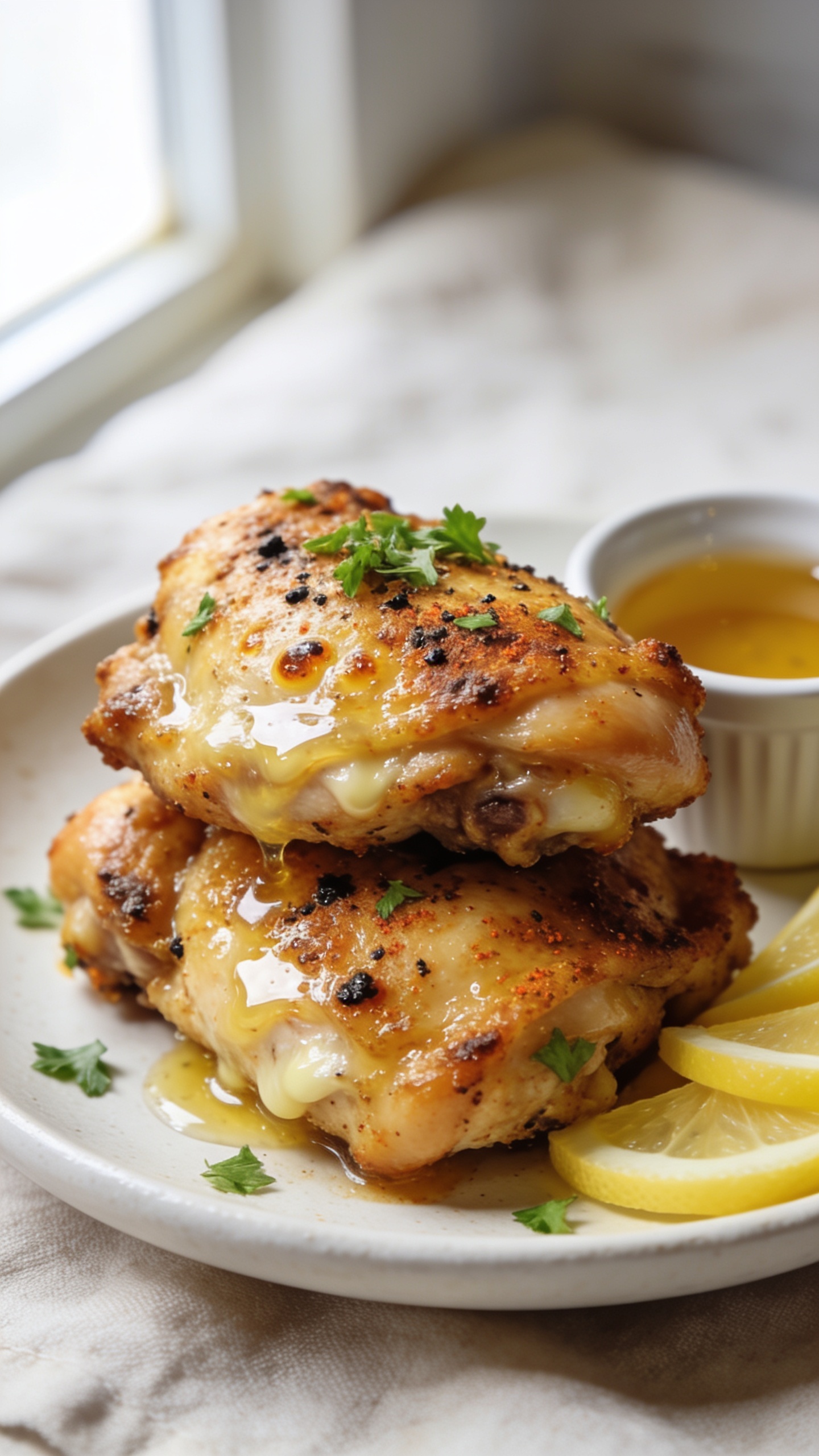 Extreme close-up hero shot of golden, crispy skin-on air fryer chicken thighs stacked on a shallow matte-white plate, glistening with a light garlic-butter glaze, tiny blisters and rendered fat pooling at the edges, coarse black pepper and smoked paprika crust visible, garnished with finely chopped fresh parsley and a few thin lemon wedges tucked beside the thighs, a small ramekin of glossy pan juices in the background blur, bright natural window light from the left, shallow depth of field, 90â95% of frame filled with the plated chicken, rich textures and vibrant color, premium food-blog styling on a light linen backdrop.