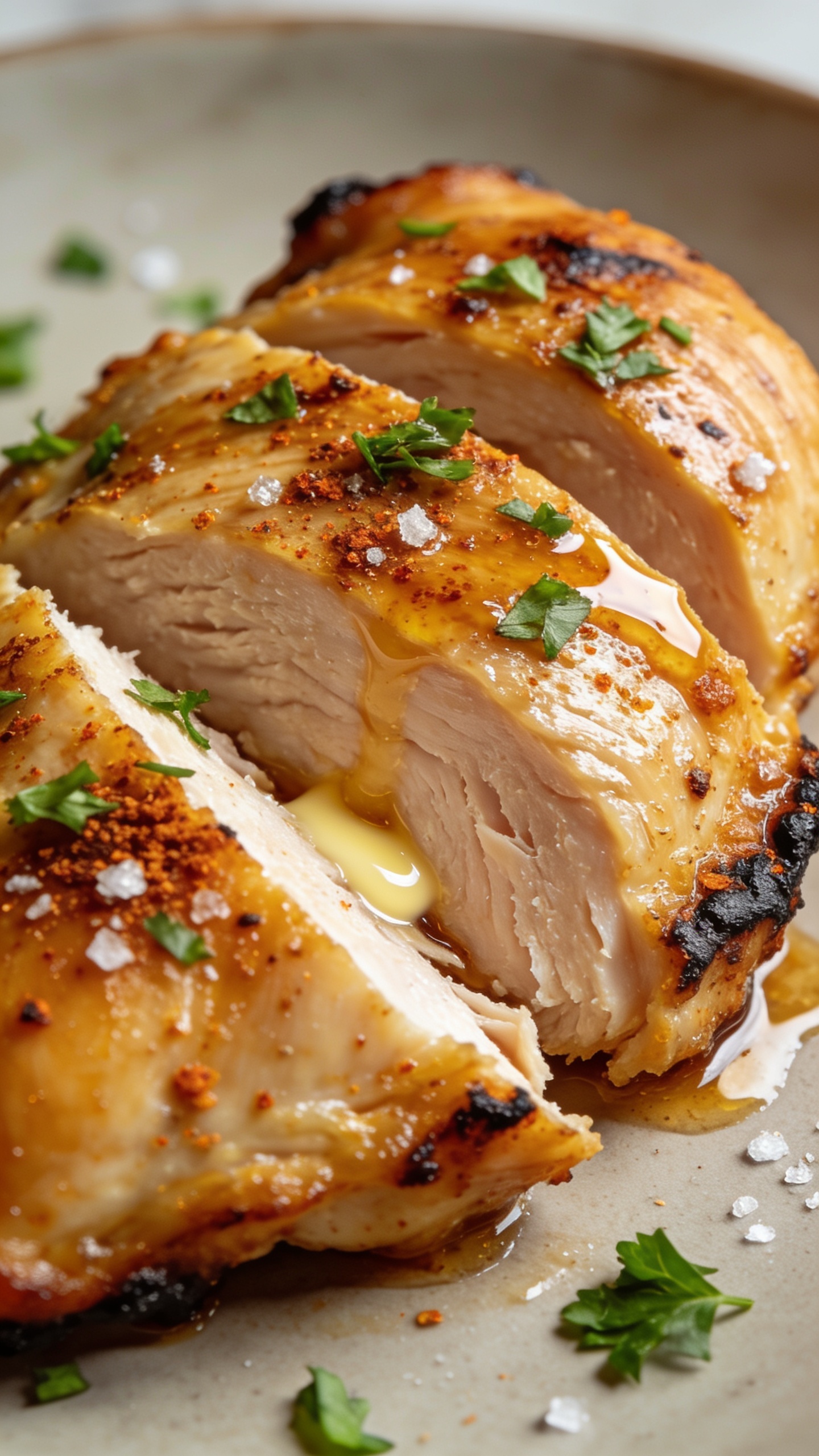 Macro side-angle close-up of a sliced air fryer chicken thigh showing ultra-juicy interior and rendered fat beneath shatteringly crisp golden skin, juices pooling at the cut line, smoky paprika specks and sea salt crystals visible, a whisper of char at the edges, fresh chopped parsley scattered over the surface, a small slick of buttery glaze catching highlights, bright natural light and shallow depth of field, 90â95% of frame dominated by the chicken on a neutral plate, cohesive with the same styling and garnishes as the hero shot.