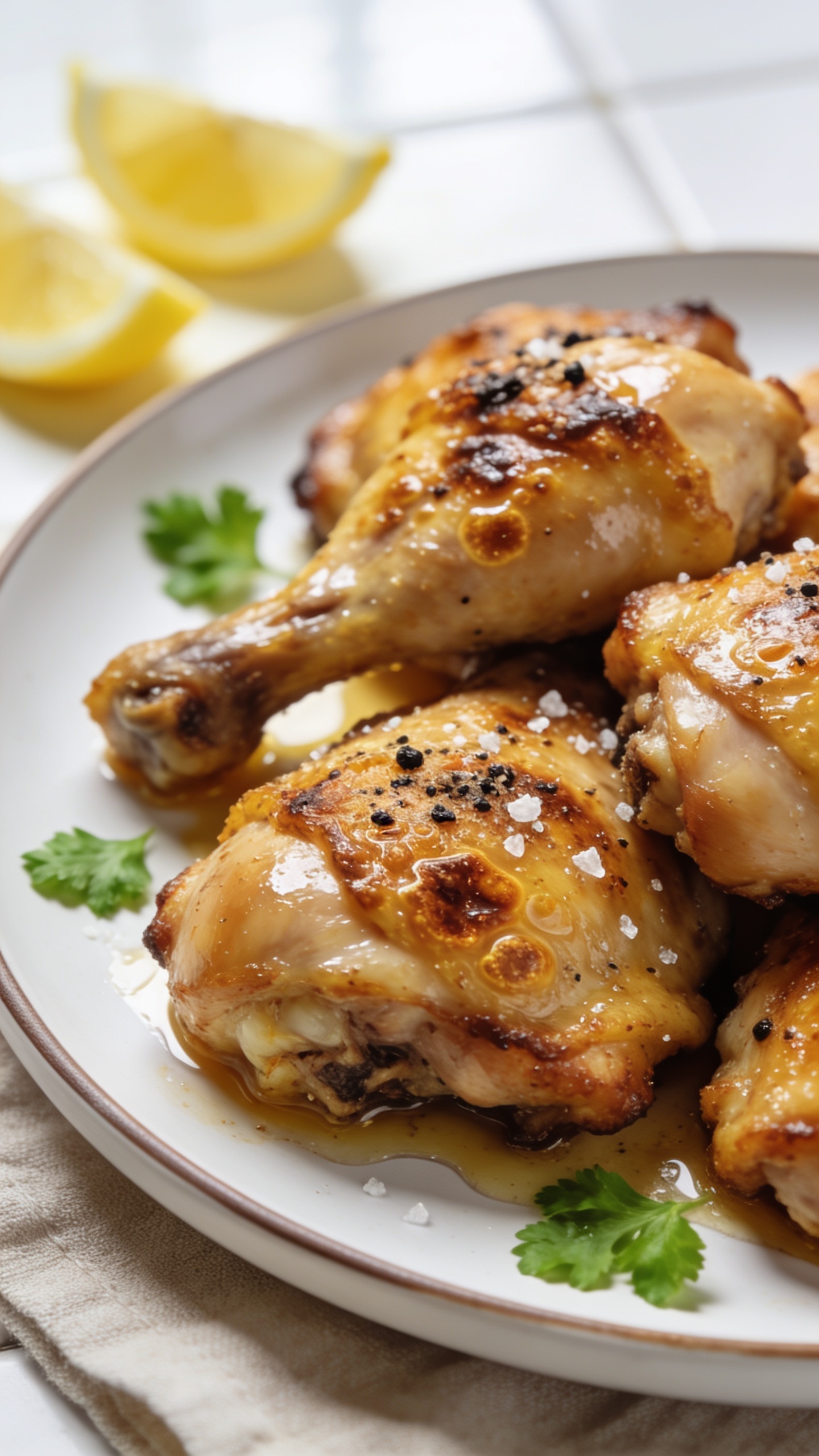 Ultra-close hero shot of high-protein crispy baked chicken thighs, bone-in skin-on, arranged on a white rimmed plate with a few thighs slightly overlapping, skin glassy-golden with deep blistered bubbles and rendered fat glistening, coarse black pepper and flaky sea salt visible on the skin, thin pan juices pooling lightly around the edges, a few bright green parsley leaves scattered for freshness, optional lemon wedges pushed to the background blur, shot in bright natural window light, shallow depth of field, 45-degree angle, food fills 90â95% of frame, crisp textures and juicy sheen emphasized, neutral linen and white tile softly blurred to keep all focus on the chicken.