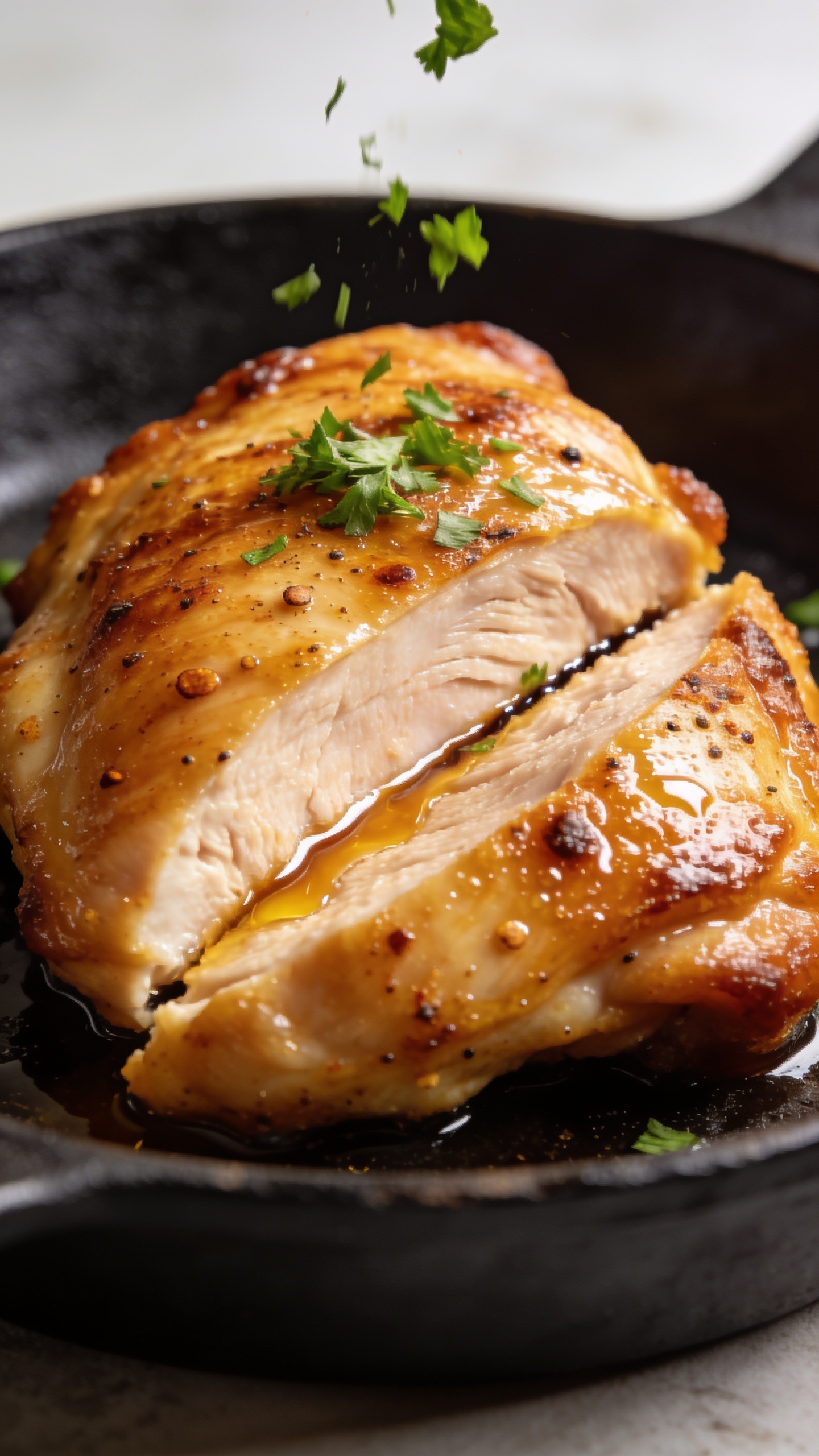 Macro close-up from a low side angle of a single crispy baked chicken thigh sliced once to reveal glistening, perfectly cooked juicy interior meat under the crackling golden skin, rendered fat beading on the surface, tiny browned edges and pepper flecks visible, a light sprinkle of fresh chopped parsley just fallen across the top, warm pan juices pooling along the slice line, bright natural light, shallow depth of field, minimal neutral background blur, food fills 90â95% of frame, premium food-blog styling that matches the hero image.