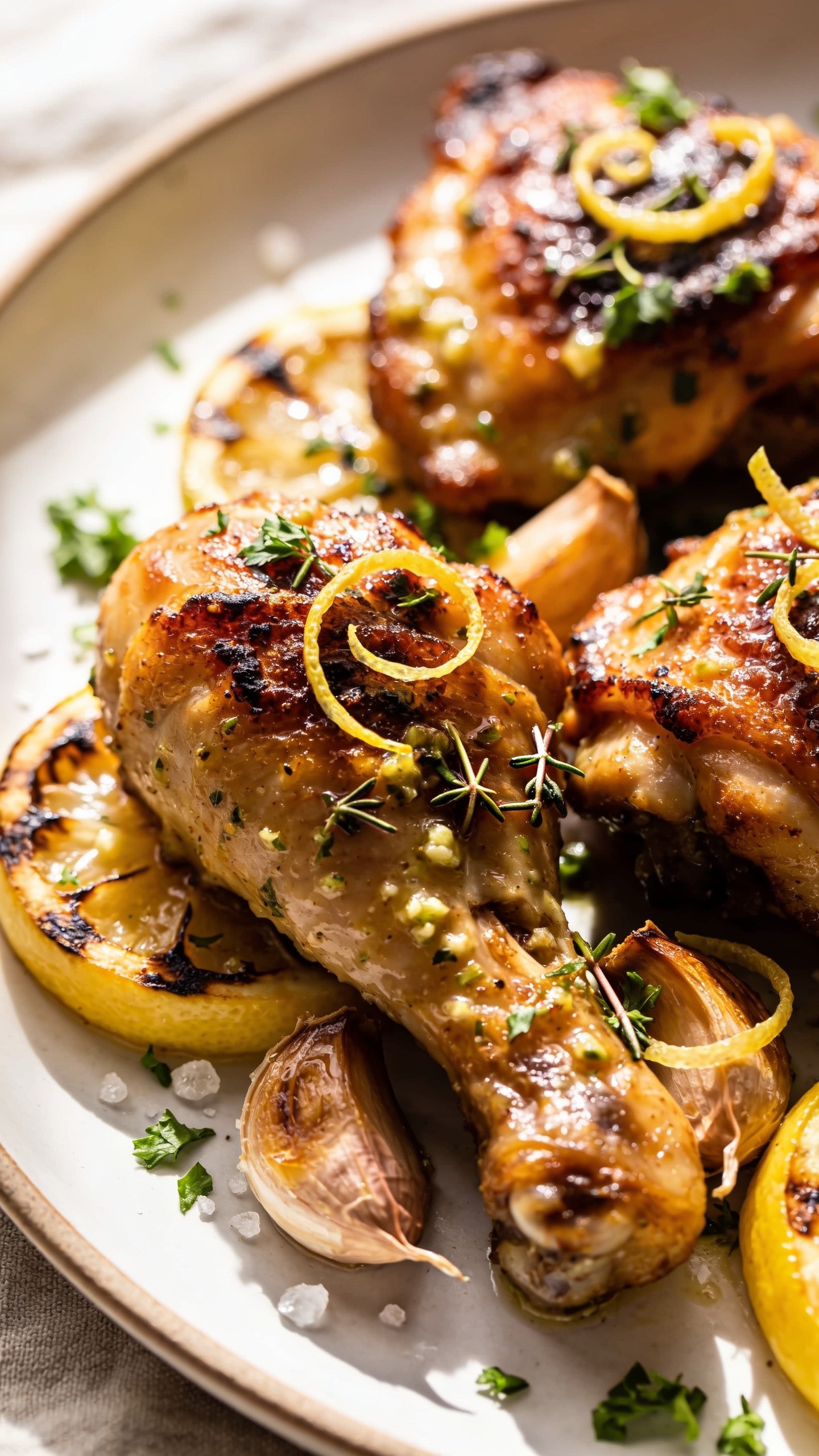 Ultra-close-up hero shot of High Protein Lemon Herb Chicken Thighs: bone-in, skin-on thighs seared to deep golden-brown with crispy, blistered edges and glistening juices; glossy lemon-garlic-herb glaze lightly coating the skin; charred lemon slices tucked around the thighs; finely chopped fresh parsley and thyme scattered over the top; thin lemon zest curls catching the light; served on a shallow white ceramic platter with minimal rim; a few roasted garlic cloves nestled between pieces; tiny sea-salt flakes visible; bright natural window light from the left, gentle shadows on the right; shallow depth of field with only the front thigh tack-sharp; background softly blurred neutral linen; food fills 90â95% of the frame; premium food-blog styling, vivid color, irresistible shine, no text, no hands.