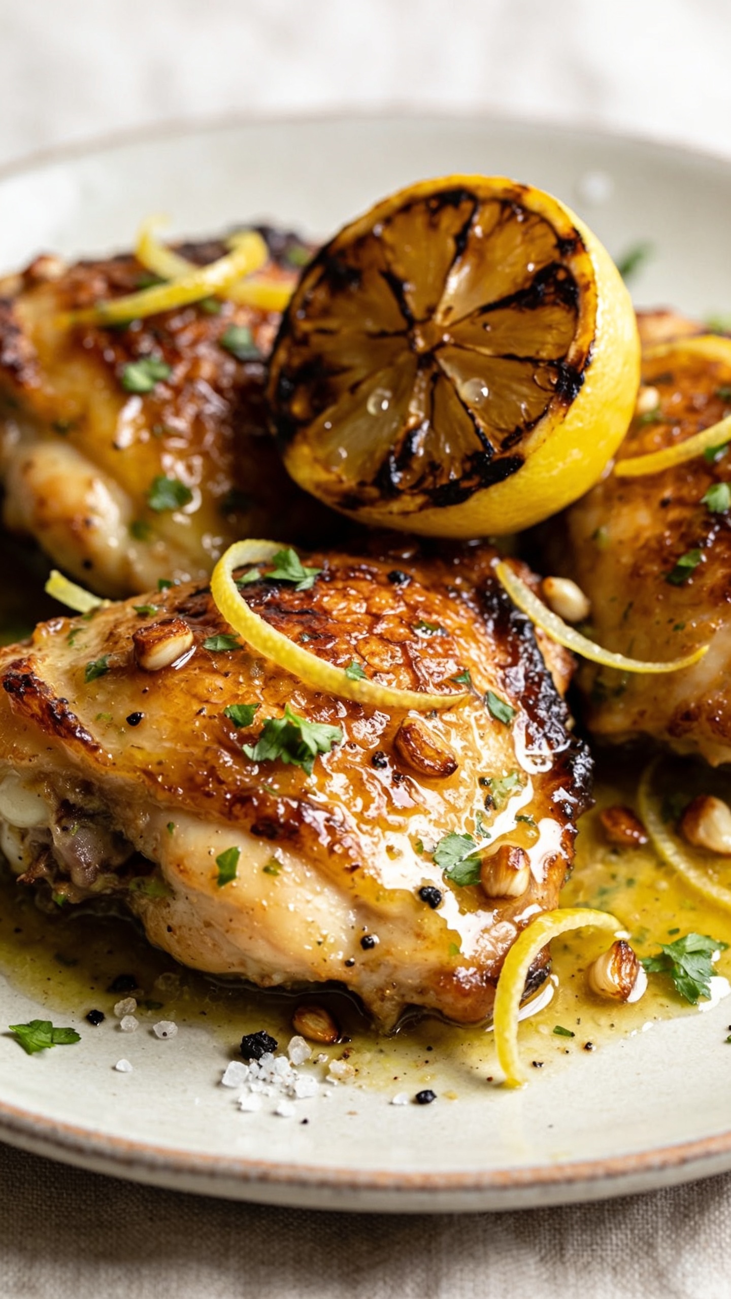 Tight macro angle from 45 degrees: three High Protein Lemon Herb Chicken Thighs nestled together, skin crackled and deeply caramelized with crisp edges; glossy lemon-herb pan sauce pooled and lightly brushed over the top; tiny browned garlic bits and fresh parsley sprinkled; thin lemon zest ribbons scattered; a halved, deeply charred lemon wedge pressed against one thigh, juices beading; coarse black pepper and sea salt crystals visible; served on a matte off-white plate with a faint rim; bright natural side light, shallow depth of field with front textures in sharp focus; background a soft blur of neutral linen; food dominates 90â95% of frame; rich, vibrant, premium food-blog styling, no text, no hands.