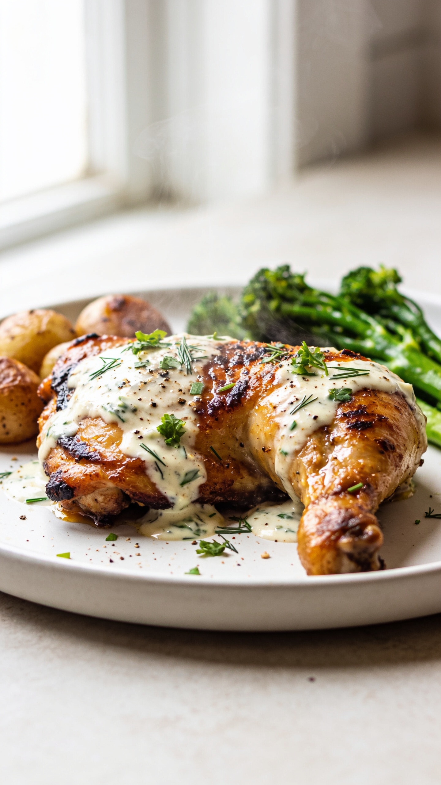 Extreme close-up hero shot of high-protein ranch chicken thighs: bone-in, skin-on thighs roasted to deep golden-brown with crisp, blistered skin, lightly charred edges, and glossy juices. The chicken is lacquered in a creamy Greek-yogurt ranch glaze with visible flecks of dill, parsley, and chives, a sprinkle of cracked black pepper, and a few fresh chopped herbs scattered on top. Plated on a simple matte white plate with a small side of roasted baby potatoes and bright green broccolini for color harmony, but the chicken fills 90â95% of the frame. Bright natural window light from the left, shallow depth of field, soft bokeh background, clean neutral surface, premium food-blog styling, steam faintly visible rising from the hot thighs, no text.