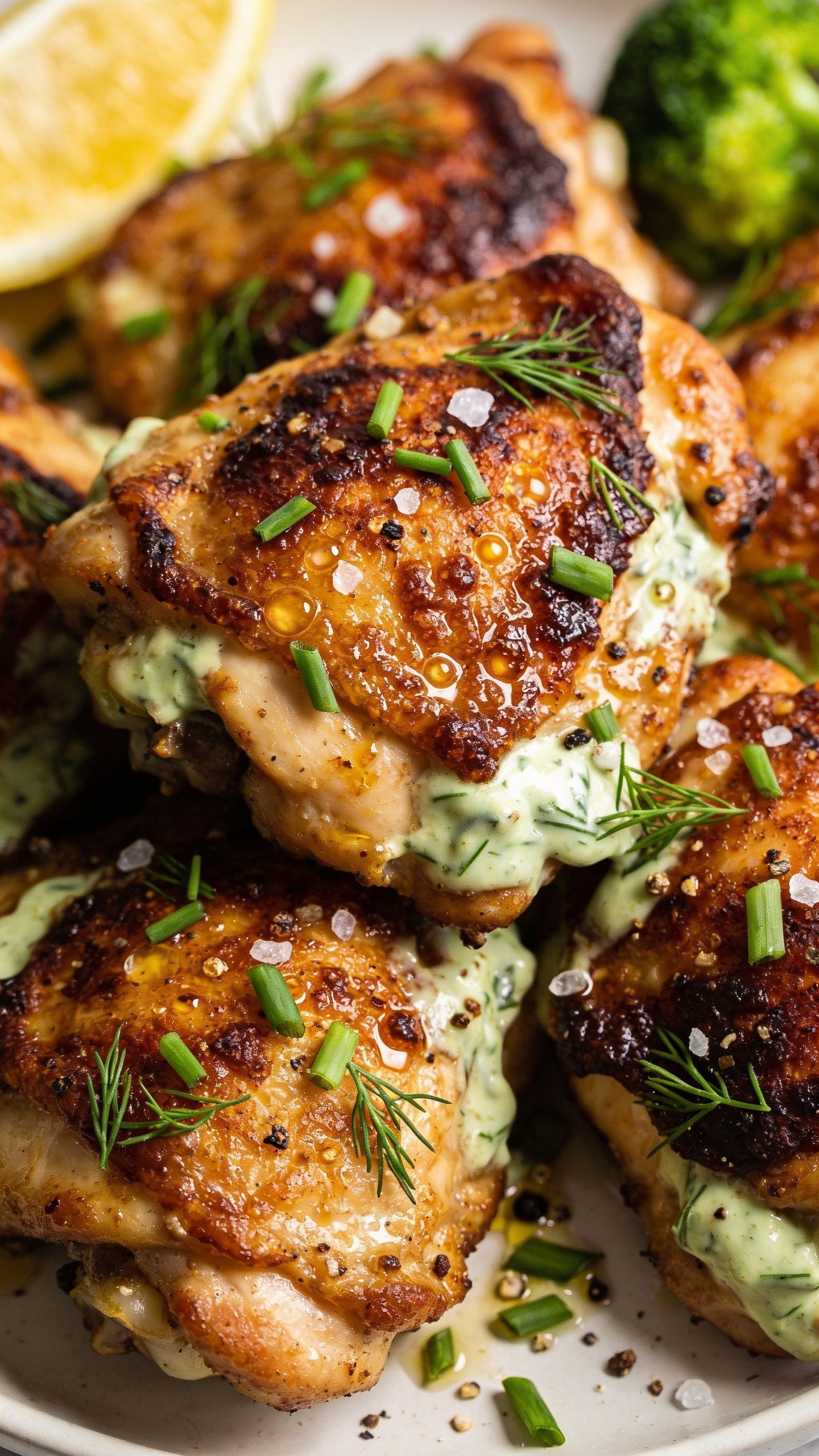 Ultra-close macro angle from slightly overhead of the same ranch chicken thighs clustered tightly on the plate: crisp, deeply browned skin with rendered fat bubbles, caramelized edges, and a silky, pale-greenish ranch-yogurt glaze pooled in the crevices. Freshly chopped chives and dill scattered over, a few coarse salt crystals and cracked pepper visible, tiny beads of juice glistening. A wedge of lemon just out of focus at the edge and a blurred hint of broccolini for color contrast, but chicken dominates 90â95% of frame. Bright natural lighting, shallow depth of field, rich textures, no text.