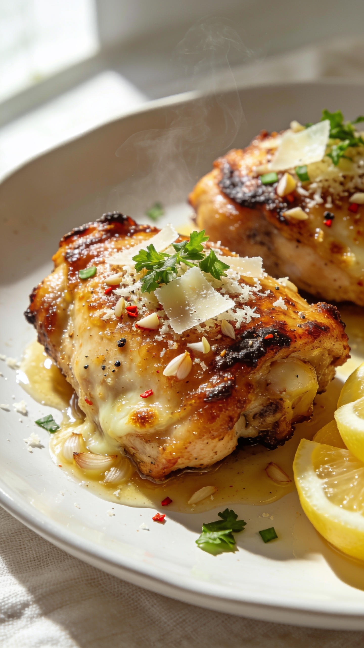 Hero image: Ultra-close-up of golden-brown, oven-roasted garlic Parmesan chicken thighs on a matte white shallow plate, filling 90â95% of the frame. Crispy rendered edges with deep caramelization, glossy garlic butter sheen pooling lightly on the plate, finely grated Parmesan melted and lightly toasted in spots, with delicate shavings of fresh Parmesan on top. Visible flecks of minced garlic and cracked black pepper embedded in the crust, a whisper of red pepper flakes, and a sprinkle of fresh chopped parsley for vibrant green contrast. A few lemon wedges tucked at the edge, slight steam rising, bright natural window light from the left, soft shadows, shallow depth of field focused on the crispiest thigh, premium food-blog styling on a light linen background.