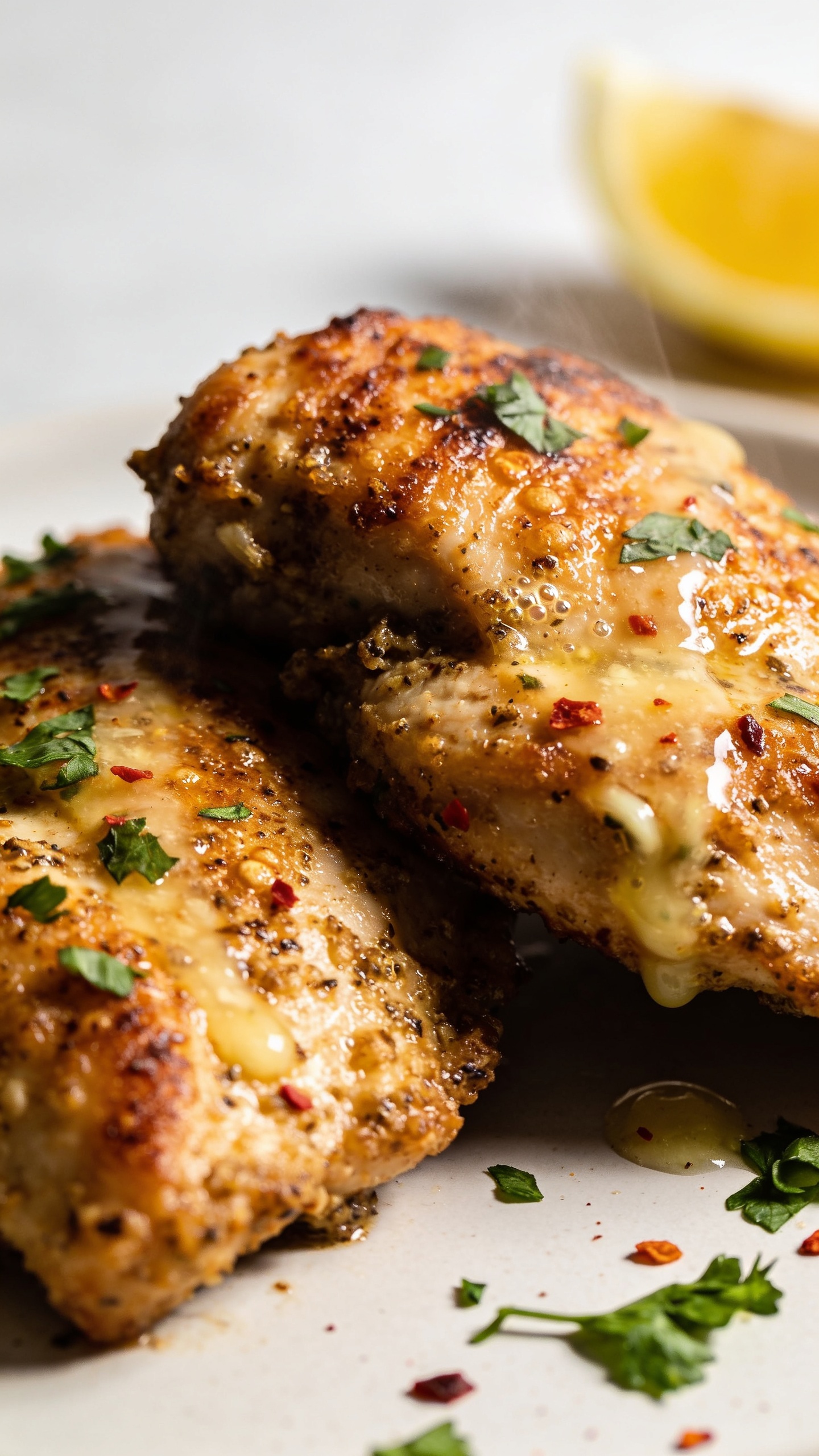 Texture close-up: Tight macro shot of two overlapping garlic Parmesan chicken thighs in the same plating, emphasizing the rugged, crackly crust. Parmesan crust is mottled with toasted golden spots, visible micro-bubbles of rendered fat, glossy garlic butter glinting in streaks, and tiny red pepper flakes. Fresh parsley sprinkled unevenly, a faint lemon mist on the surface with a soft-focus lemon wedge in the far background. Bright natural lighting with directional highlights, shallow depth of field locked on the crispiest edge, food filling 90â95% of the frame, premium food-blog aesthetic on a neutral backdrop.