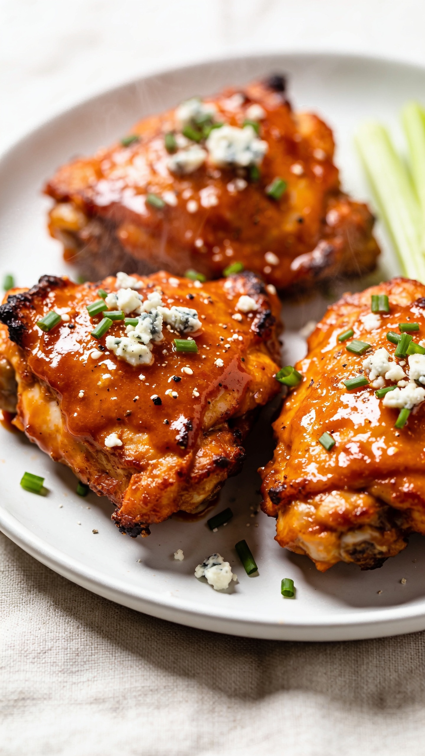Extreme close-up hero shot of high-protein buffalo chicken thighs: 3â4 boneless, skin-on thighs glistening with a thick, glossy, deep-orange buffalo sauce, edges charred and crispy, micro-beads of sauce clinging to craggy skin, tiny flecks of black pepper and coarse sea salt visible. Garnished with finely chopped fresh chives and a light sprinkle of crumbled blue cheese, with a few celery stick tips peeking blurred in the background. Served on a matte white shallow plate set on a light neutral linen. Bright natural side lighting, shallow depth of field, steam subtly rising, rich color saturation, food filling 90â95% of the frame, premium food-blog styling.