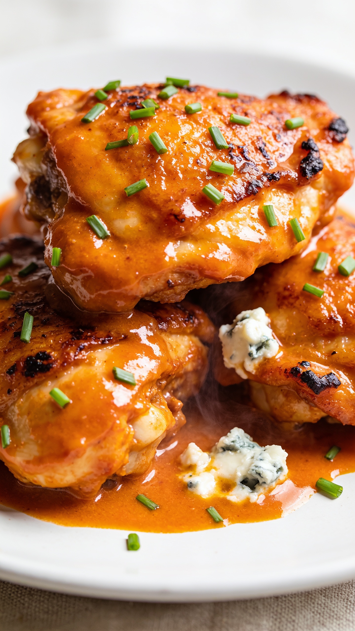 Ultra close-up texture study from a different angle: buffalo chicken thighs stacked slightly overlapping to showcase blistered, crackly skin and thick, sticky sauce pooling in micro crevices; a light sheen of rendered fat glimmering; crisp char spots along the edges. Finely chopped chives scattered, a few larger crumbles of blue cheese melting slightly into the warm sauce, with faint steam visible. Served on the same matte white plate and neutral linen for continuity, bright natural lighting, shallow depth of field, food filling 90â95% of the frame, vibrant oranges and greens popping against a soft background.