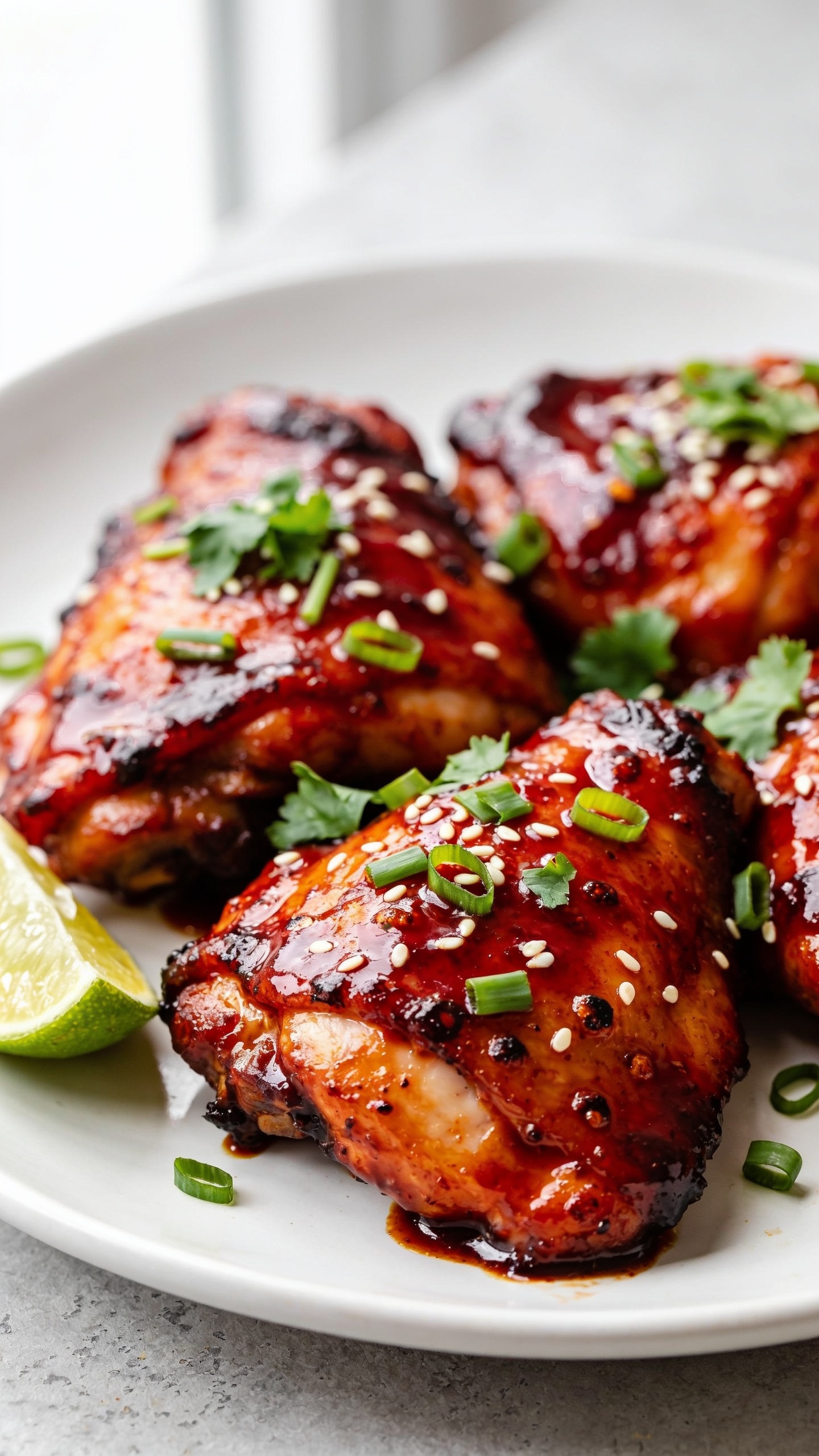 Ultra close-up hero shot of glossy roasted boneless skin-on chicken thighs glazed in sticky sweet chili sauce, arranged on a matte white shallow plate. The thighs are deeply caramelized at the edges with a lacquered shine, tiny blisters on the skin, and visible juiciness where the glaze pools. Garnishes: finely chopped fresh cilantro and thinly sliced green onions sprinkled sparingly, plus a few white sesame seeds clinging to the glaze. A wedge of lime sits to the side of the plate, lightly glistening, not squeezed. Background: soft, bright natural window light from the left, neutral light grey surface with subtle texture, shallow depth of field that blurs the background. Color palette: vibrant reds and ambers of the sweet chili glaze, fresh green pops from herbs, crisp white plate. No text, no hands, no people; 90–95% of frame filled with the plated chicken, premium food-blog styling.