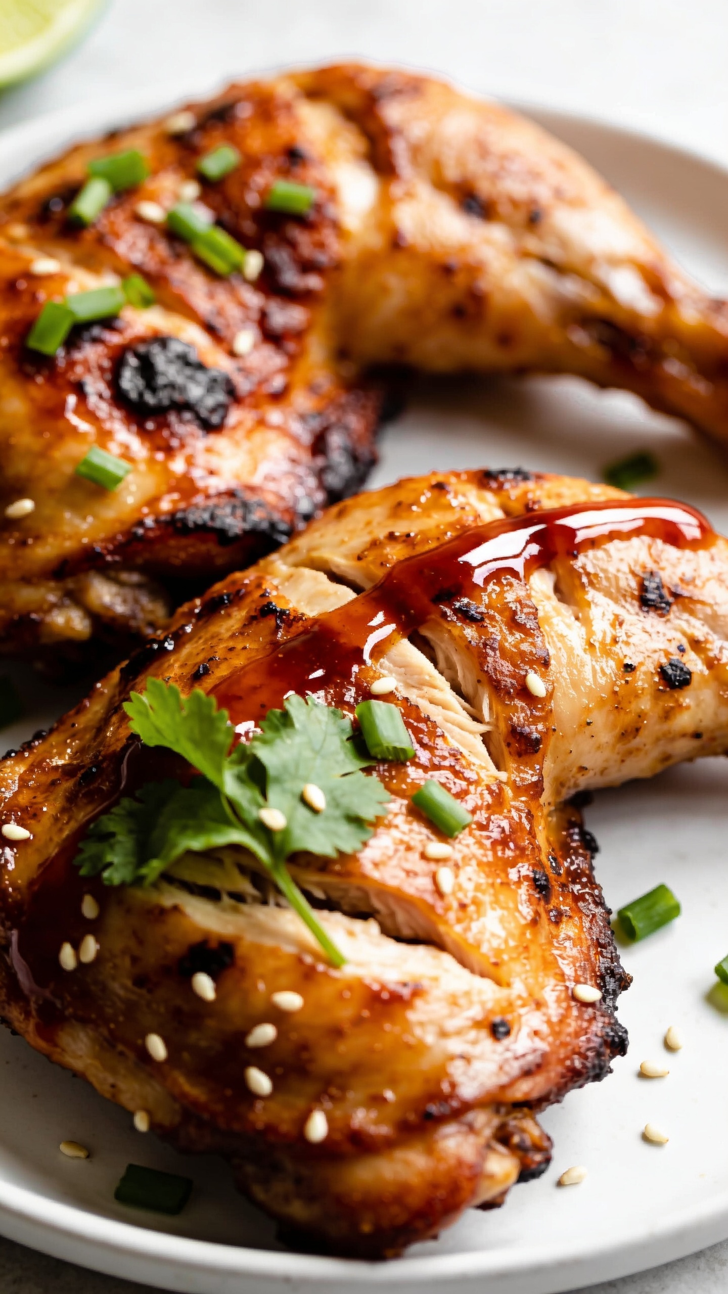 Extreme close-up angled detail of two overlapping glazed chicken thighs on the same white plate, focusing on textures: crackly, caramelized edges; glossy sweet chili glaze pooling in tiny valleys; char-kissed spots; and tender fibers visible where a piece was sliced. Freshly sprinkled green onions and cilantro leaves are in perfect focus on the front thigh, with a few sesame seeds dotting the surface. A thin squeeze of extra sweet chili glaze glistens along the top curve of the nearest thigh, reflecting bright natural light. Background: softly blurred neutral surface with a faint lime wedge edge peeking in. Shallow depth of field, vibrant warm tones against cool whites and greens, 90–95% of frame filled with the chicken, premium food-blog styling.