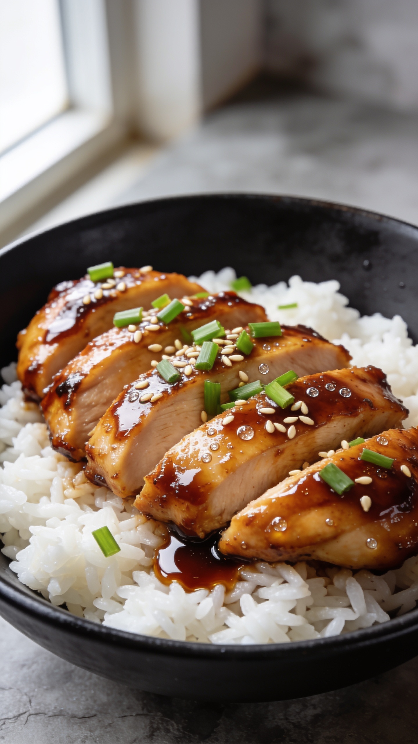 Ultra-close hero shot of glossy teriyaki chicken thighs sliced into thick, juicy pieces and fanned over fluffy white rice in a shallow matte-black bowl, each piece lacquered with a thick, shiny soy-honey-ginger-garlic glaze; visible sesame seeds and finely sliced green onions sprinkled over the top; a small puddle of extra glaze pooling at the base, tiny beads of moisture on the chicken surface; bright natural window light from the left, soft bounce on the right, shallow depth of field, background softly blurred with neutral slate tones; food fills 90â95% of the frame, no hands, no text, premium food-blog styling.