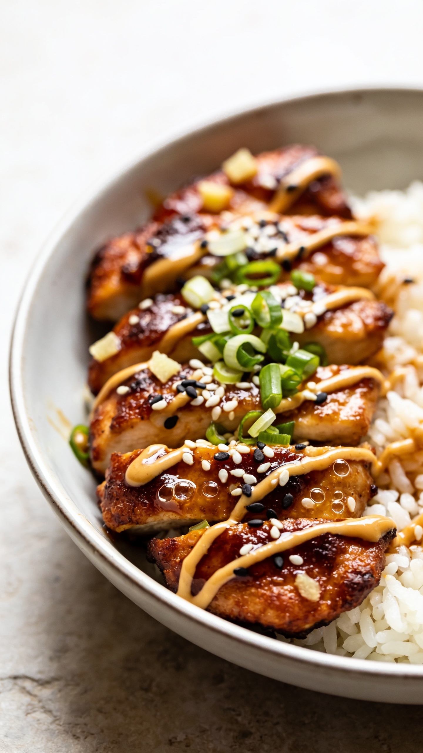 Macro angle from slightly overhead and off-center on the same plated bowl: tightly cropped focus on the front edge where crispy, caramelized edges of the chicken thighs meet a sheen of sticky glaze; visible ginger flecks and micro-bubbles in the sauce; toasted white and black sesame seeds plus finely sliced scallions concentrated over the center; a light extra drizzle of teriyaki glaze zigzagging over the slices; fluffy rice peeking from beneath; bright natural lighting with gentle highlights, ultra-shallow depth of field, background a soft, neutral stone surface; food fills 90â95% of the frame, cohesive with images 1 and