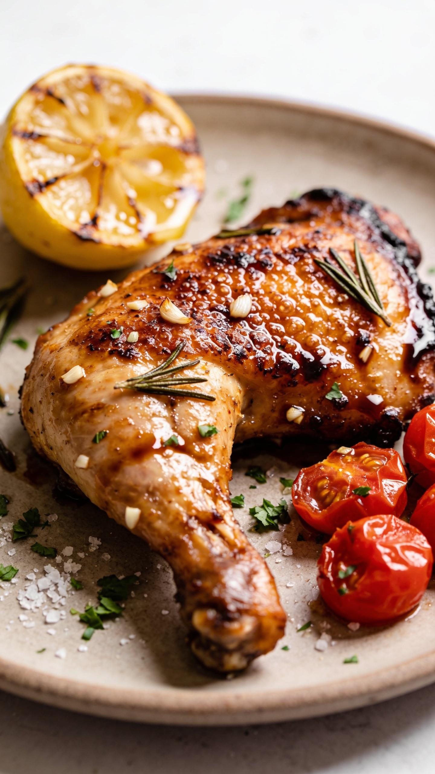 Macro close-up from a different angle of the same finished chicken thighs on the platter: focus on one thigh with intensely crisp, rendered skin, micro-bubbles and lacquered sheen from the balsamic glaze; edges slightly charred, tiny rosemary needles and minced garlic adhering to the surface; a squeeze-smashed roasted lemon wedge glistens nearby with visible juice beads; a few burst roasted cherry tomatoes add pops of red; finishing sprinkle of chopped parsley and sea salt; bright natural light, shallow depth of field, neutral backdrop, food filling 90â95% of the frame, lush and mouthwatering.