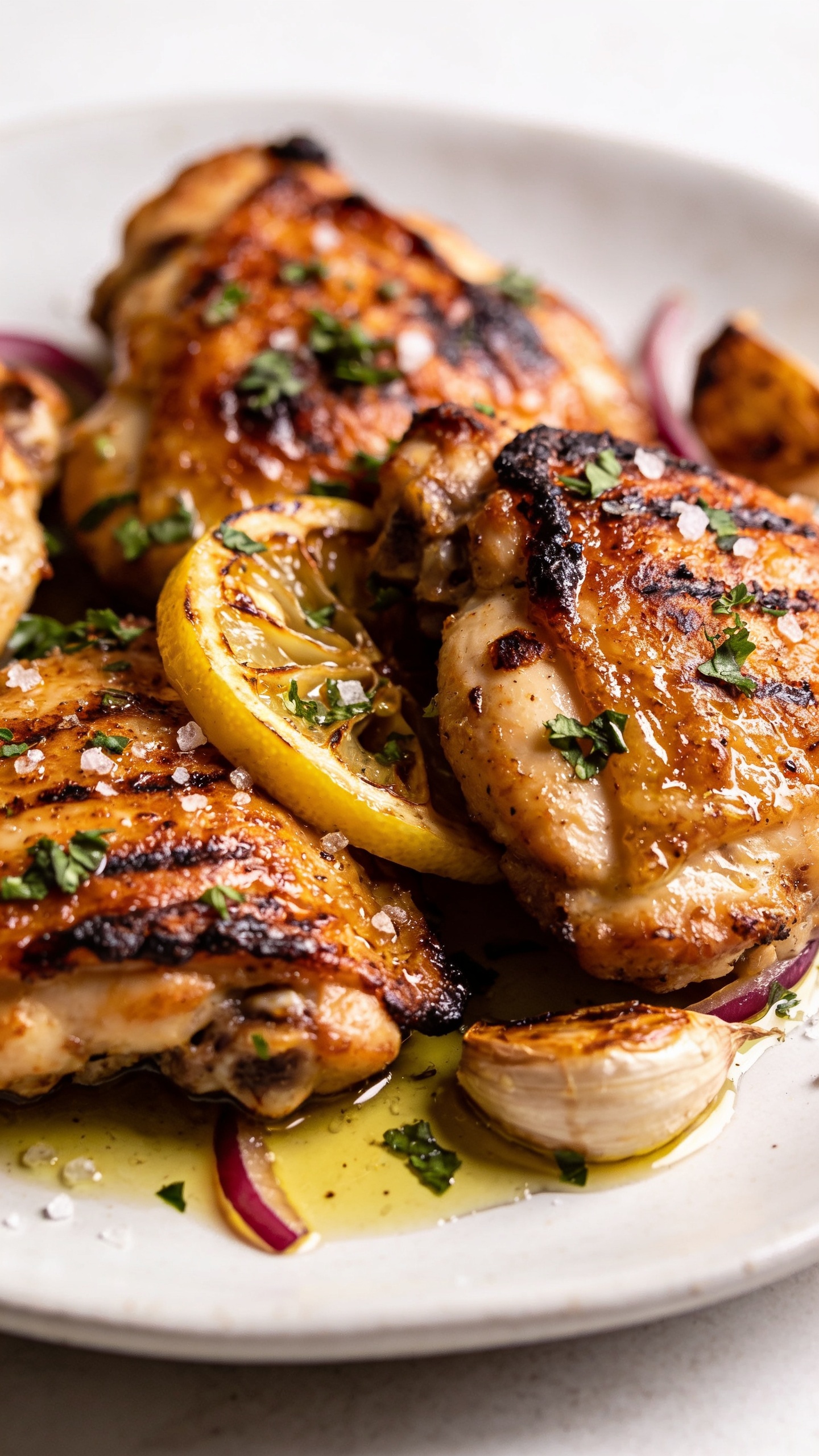 Ultra-close hero shot of High Protein Greek Chicken Thighs: bone-in, skin-on chicken thighs grilled/roasted to deep golden-brown with crispy, blistered edges and glossy olive oil sheen; caramelized lemon slices nestled between pieces; chopped fresh oregano and parsley scattered over the surface; coarse sea salt flakes visible; faint grill marks and charred bits; served on a low, wide white ceramic plate with a small pool of garlicky lemon-oregano pan juices glistening; a few roasted garlic cloves and thin red onion slivers tucked around; bright natural side lighting, shallow depth of field, creamy bokeh, 90â95% of frame filled by food; clean, neutral backdrop to keep focus on juicy textures and vibrant citrus.