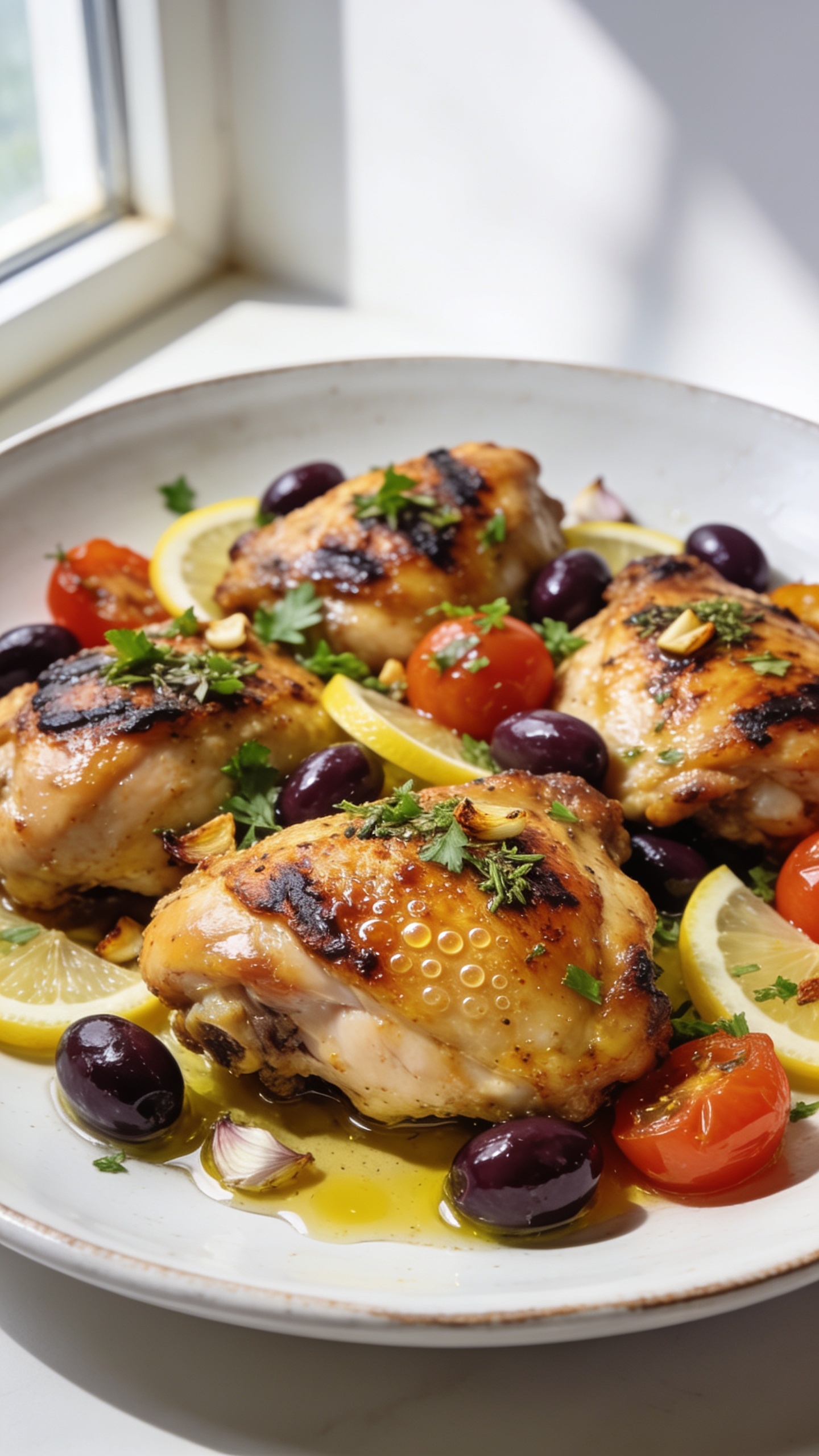 Extreme close-up hero shot of High Protein Mediterranean Chicken Thighs: golden-brown, bone-in or boneless skin-on thighs seared with deep charred edges and glistening olive oil sheen, nestled on a white ceramic plate with a shallow rim; scattered glossy Kalamata olives, thin lemon wedges, and roasted cherry tomatoes; chopped fresh parsley and oregano sprinkled over top; visible roasted garlic bits and faint grill-sear crust on the skin; a light drizzle of pan juices pooling at the base; bright natural window light from the left, soft shadows on the right; shallow depth of field with the front thigh in razor focus showing crispy skin bubbles and juicy texture; vibrant, Mediterranean colors, clean minimal background, 90â95% frame filled with the plated chicken.