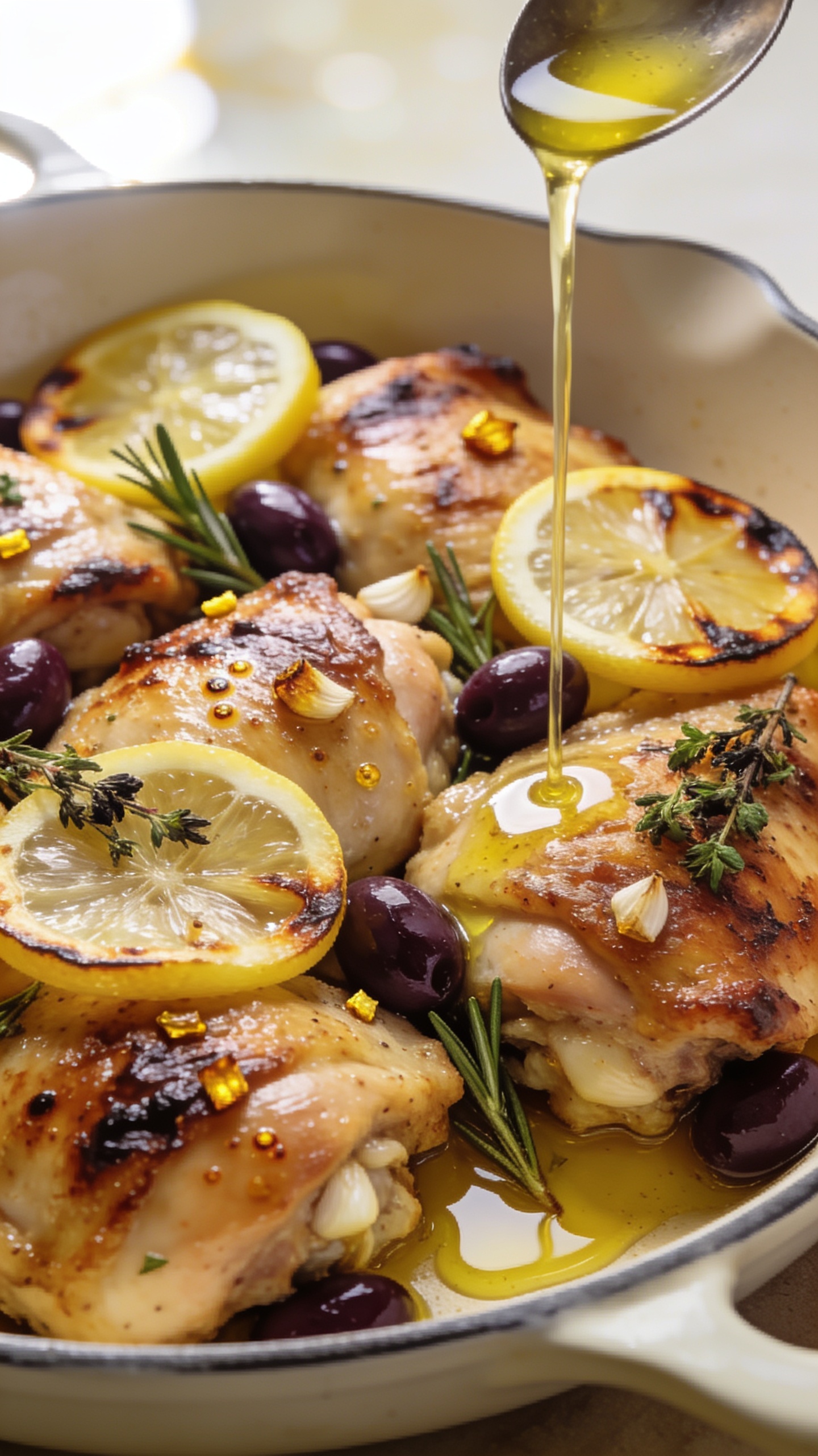 Ultra close-up side angle of the same finished chicken thighs in a shallow enamel skillet: tightly composed cluster of thighs with pronounced crispy edges, olive oil gloss, and tiny blisters on the skin; sliced lemon rounds lightly caramelized along the edges, whole Kalamata olives tucked between pieces, and charred rosemary/oregano sprigs; tiny golden roasted garlic bits embedded in the skin; a spooned-on finishing drizzle of lemony olive oil pooling around the thighs; bright natural light with a gentle top-left highlight, creamy bokeh background; 90â95% frame filled with the skillet contents, emphasizing juicy textures, glossy sauce, and vibrant herbs.