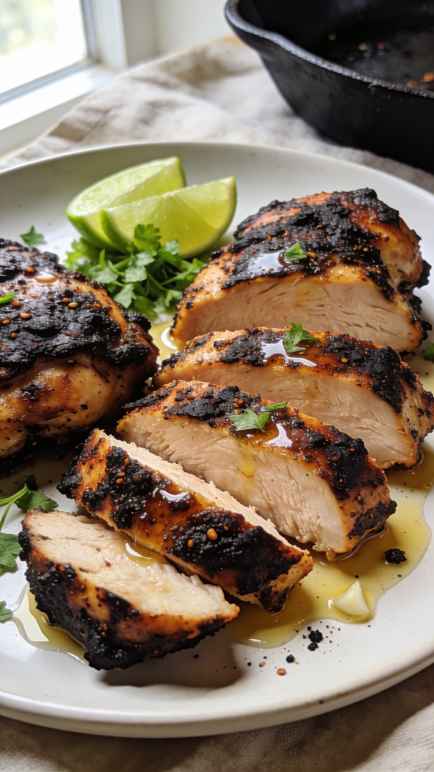 Ultra-close hero shot of high-protein blackened chicken thighs sliced and fanned on a matte white plate, showcasing a deeply charred, peppery crust with glistening juices at the cuts; served with a small side of lime wedges and a sprinkle of fresh chopped parsley for color, a light gloss of garlic butter pooling slightly around the thighs, and a few flecks of the blackening spices visible on the plate; bright natural window light from the left, shallow depth of field that soft-blurs a neutral linen and a cast-iron skillet in the background; food fills 90â95% of frame, crisp texture on the crust, juicy interior, rich warm tones.