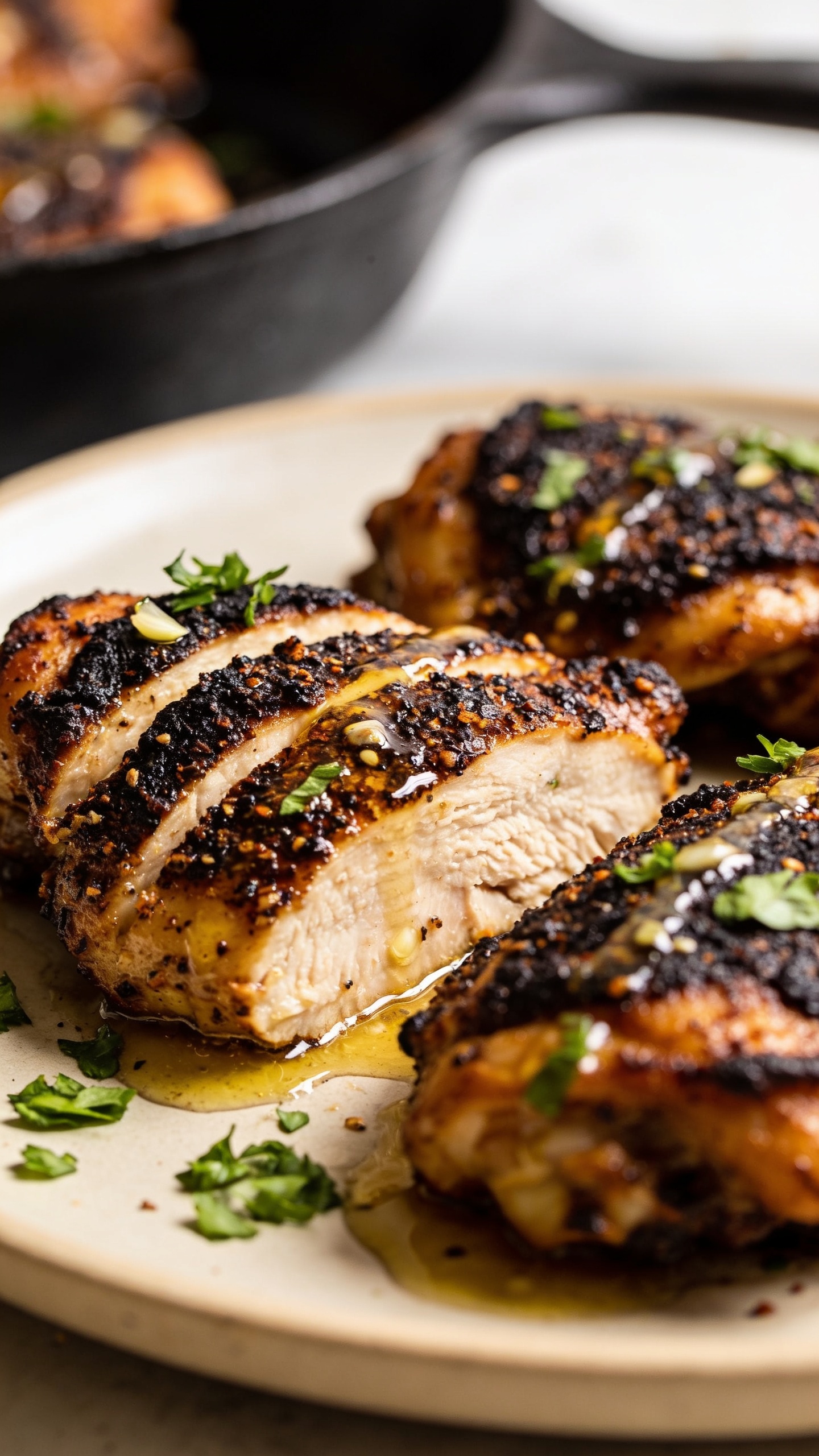 Tight macro angle from slightly overhead on the same plated blackened chicken thighs: focus on the crackly, spice-speckled crust with micro-beads of juice at the slice line, a delicate drizzle of garlic-butter pan sauce crossing the surface, and fresh chopped parsley scattered for contrast; a warm, neutral plate, subtle cast-iron skillet blur in the background for context; bright natural light highlighting the glossy char and juicy interior, shallow depth of field, food filling 90â95% of the frame, rich textures and bold, smoky color palette consistent with the other images.